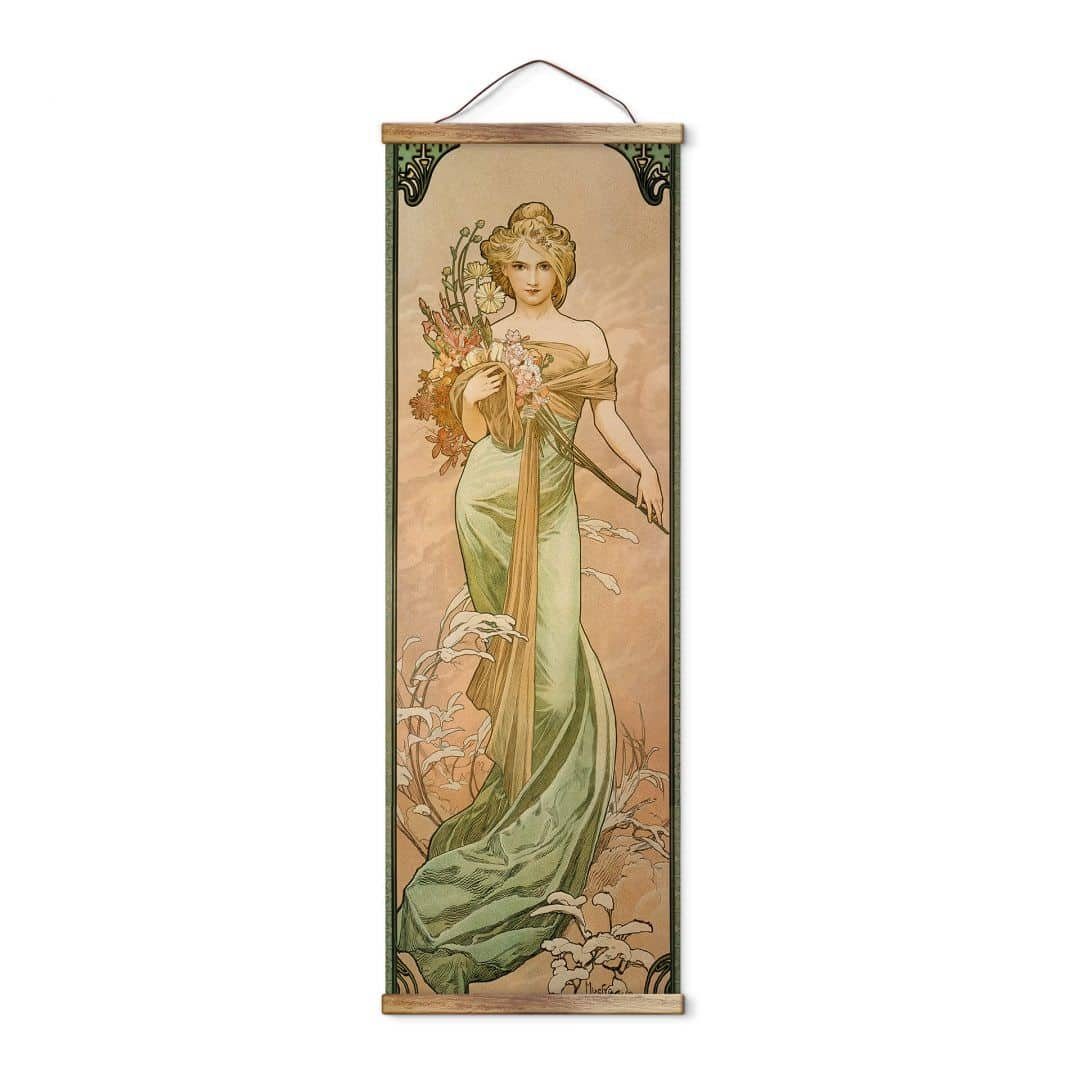 K&L Wall Art Leinwandbild Vintage Stoffbild Poster Mucha Jahreszeiten Frühling Wand-Teppich, Jugendstil Kunstdruck Banner ohne Zubehör