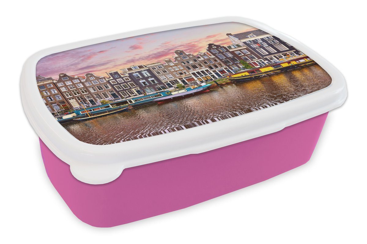 MuchoWow Lunchbox Amsterdam - Häuser - Grachten, Kunststoff, (2-tlg), Brotbox für Erwachsene, Brotdose Kinder, Snackbox, Mädchen, Kunststoff rosa