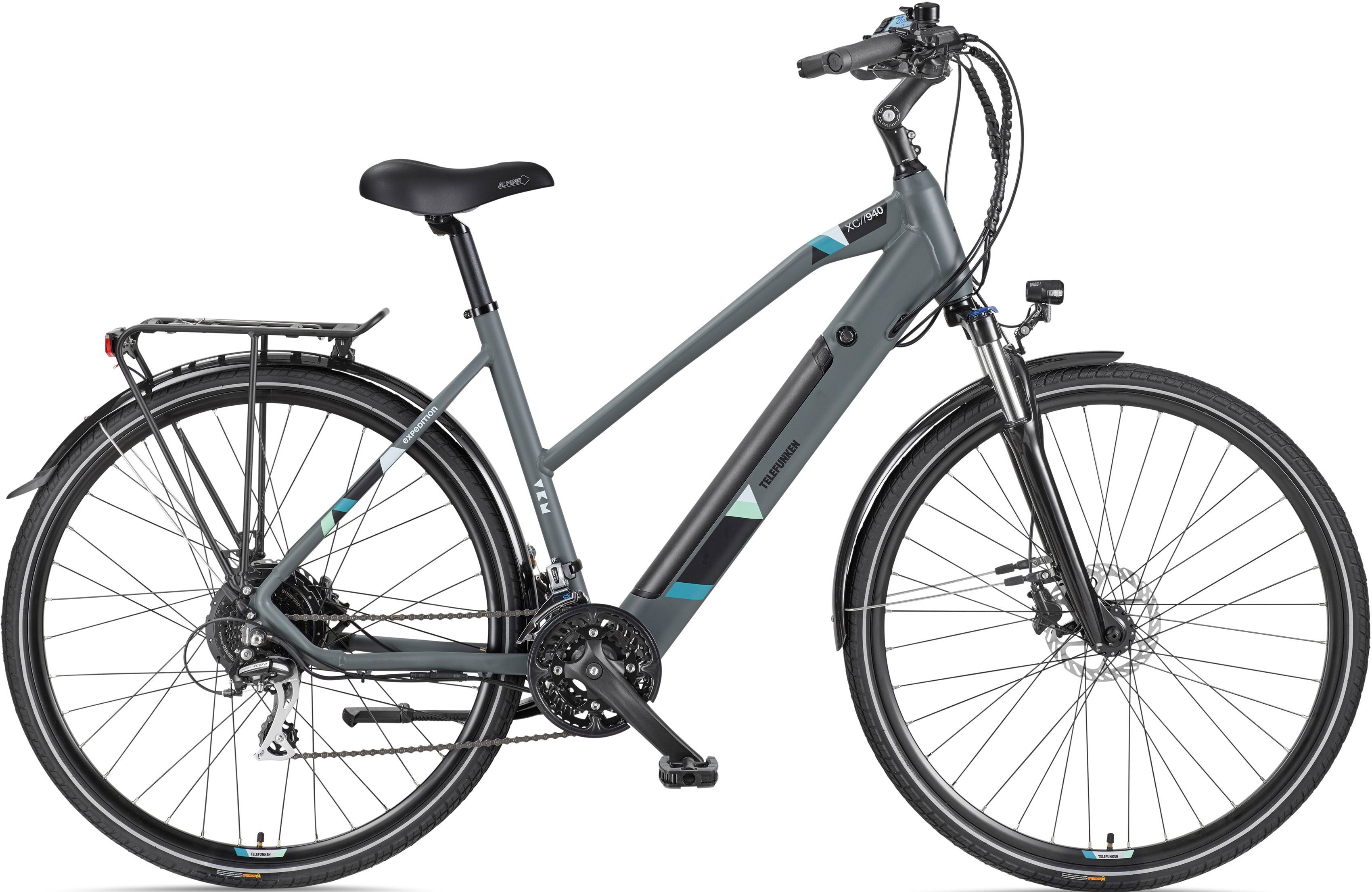 Telefunken E-Bike Trekkingrad Expedition XC940, 24 Gang Shimano Acera Schaltwerk, Kettenschaltung, Heckmotor, 417,6 Wh, (Straßenzulassung, ca. 100 km Reichweite, hydraulische Scheibenbremsen), Trekking Elektrofahrrad, Damen, 28 Zoll, 36 V 417,6 Wh Akku, Pedelec