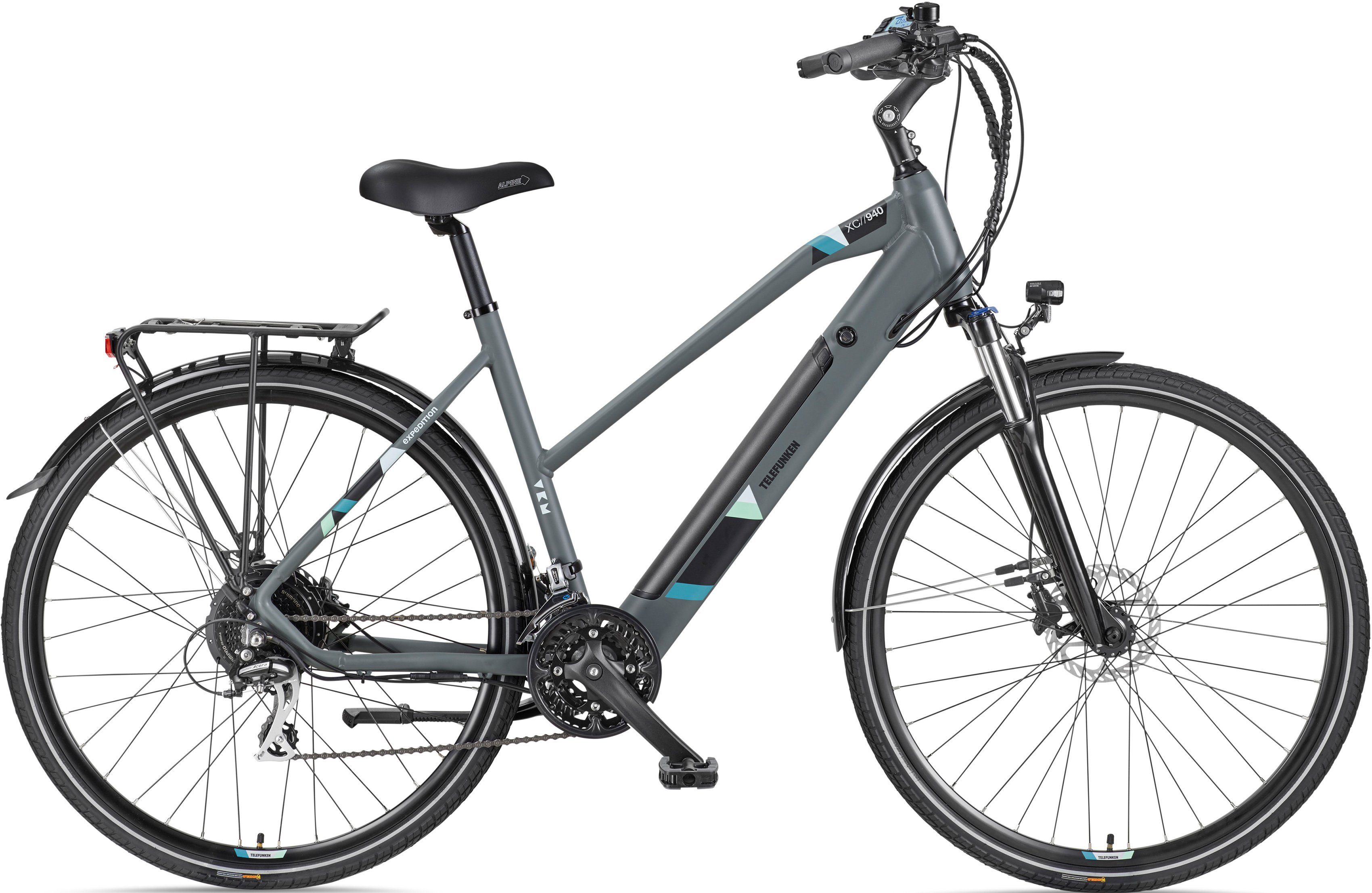 Telefunken E-Bike Expedition XC940, 24 Gang Shimano Acera Schaltwerk, Kettenschaltung, Heckmotor, 417,6 Wh Akku granit