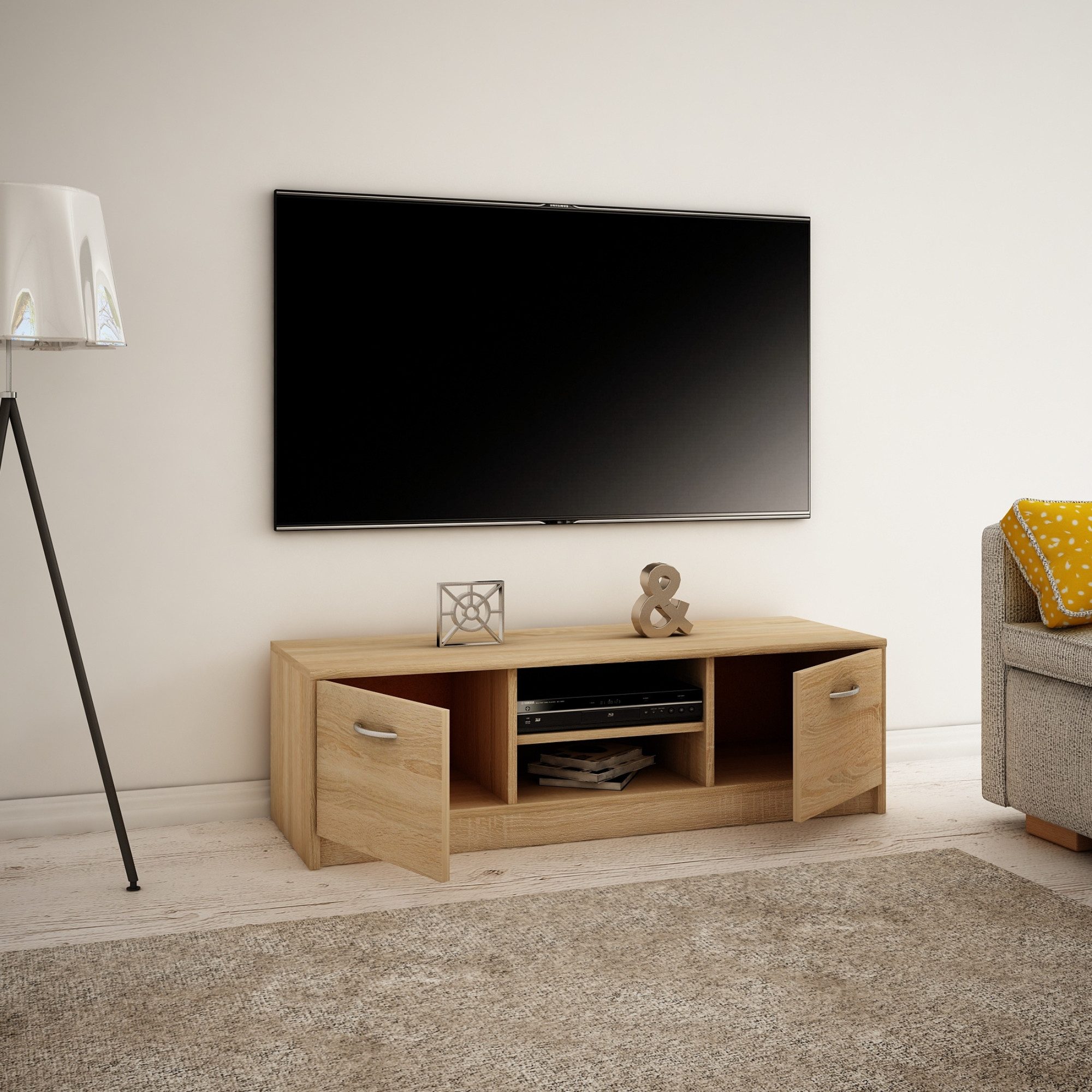 Home Collective TV-Schrank 120cm breit Lowboard mit matter Oberfläche Fernsehtisch (abgerundete Kante und Metall-Rollschienen Fernsehkommode) mit 2 Türen und 1  – Bild 3 von 5