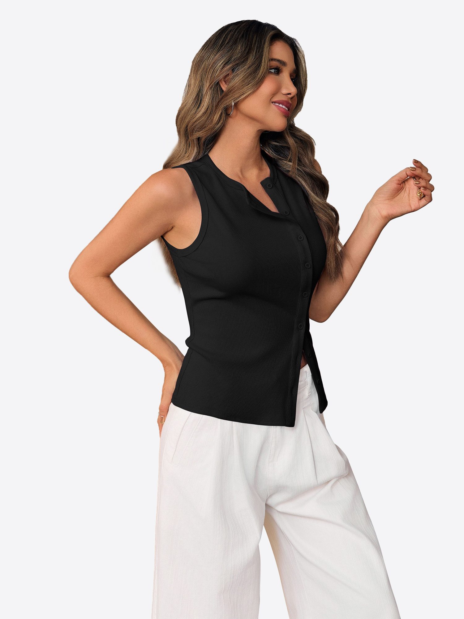 Imily Bela Ripptanktop Damen Gerippt ärmellos Rundhals Knöpfe (Packung, 1-tlg., 1per-Pack) mit außermittiger Knopfleiste in Unifarbe – Bild 4 von 5