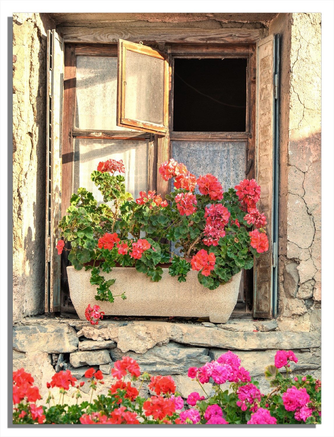 Wallario Möbelfolie Fenster mit Geranien