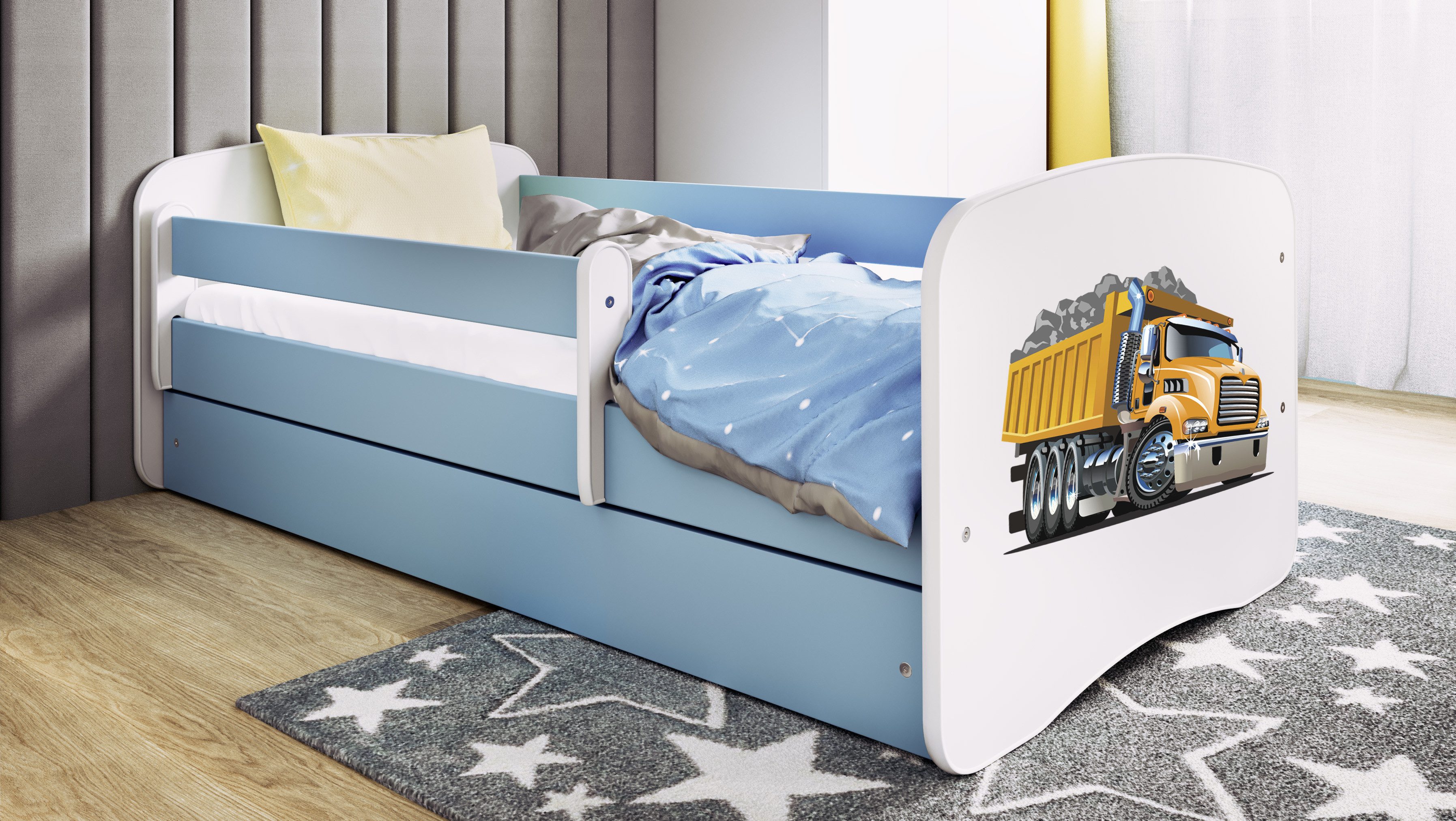 Raumhirsch Furniture Kinderbett 70x140, 80x160, 80x180 cm - Komplettset mit Matratze & Schublade (Bett für Jungs, Einzelbett für Kinder 2–12 Jahre mit Rausfallschutz), verschiedene Farben & Designs