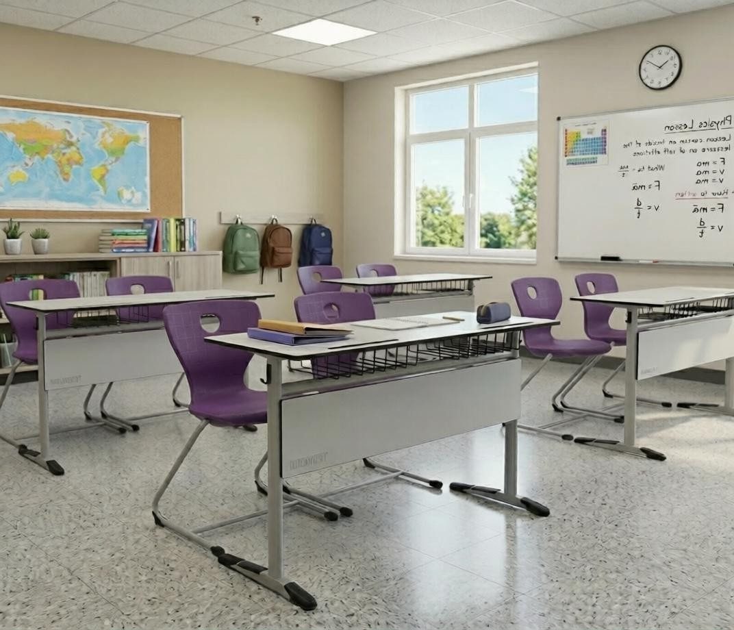 Xlmoebel Schreibtisch Ergonomisches Schulset in Grau mit lila Doppelsitzstuhl (Schulset, 3-St., Ergonomisches Schulset grau/lila), Made in Europa