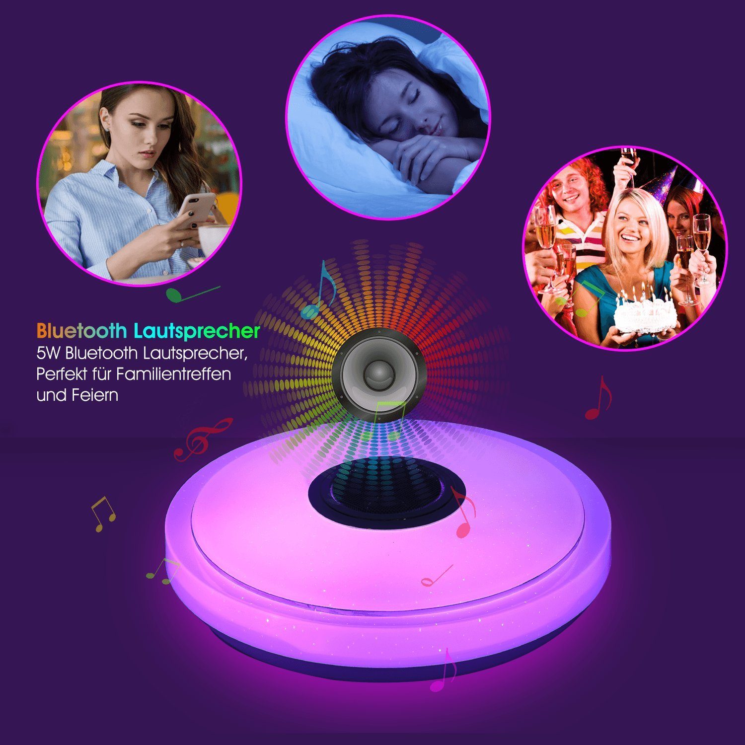 oyajia LED mit Lautsprecher,Dimmbar 36W Deckenlampe Deckenleuchte RGB Bluetooth