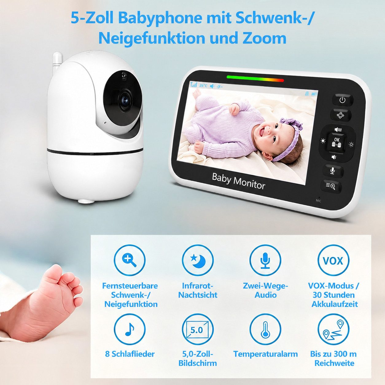 Whraills Babyphone Babyphone mit Kamera und Halterung, 2.4GHz FHSS, 6000mAh, Nachtsicht, 5" Monitor und 2x Zoom ECO/VOX, Temperaturalarm und Flexible Halterung