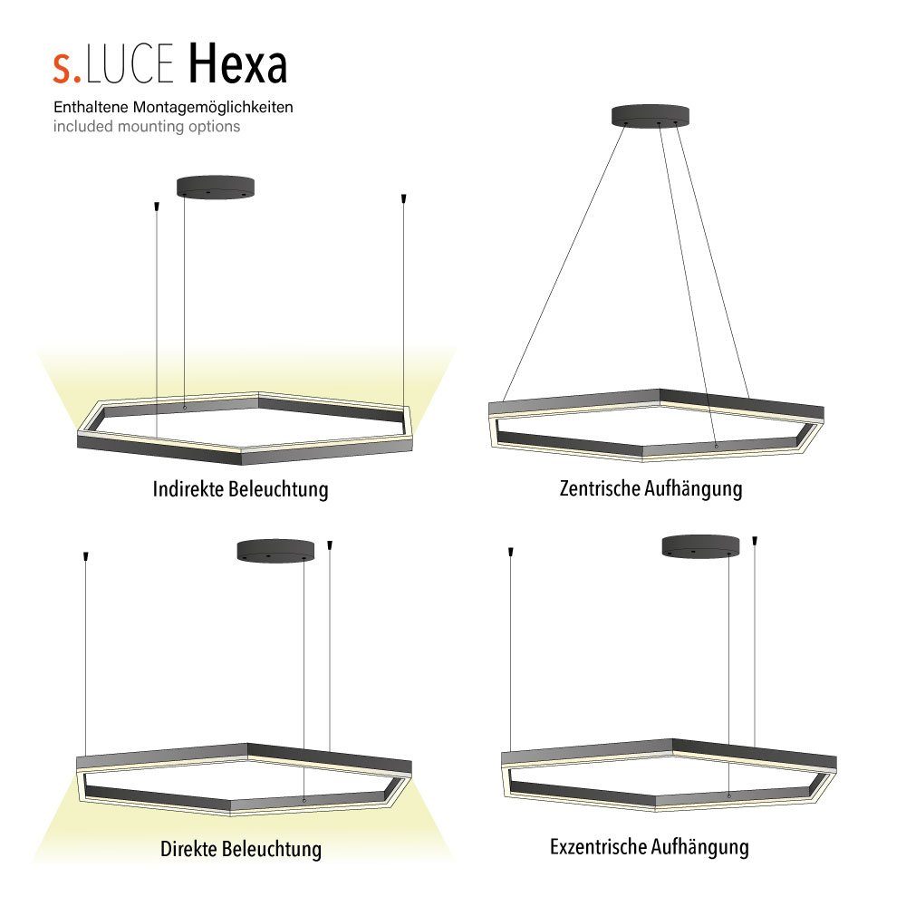 s.luce Alu-Gebürstet, Warmweiß LED Pendelleuchte 100cm direkt Hängeleuchte indirekt Hexa Ø oder