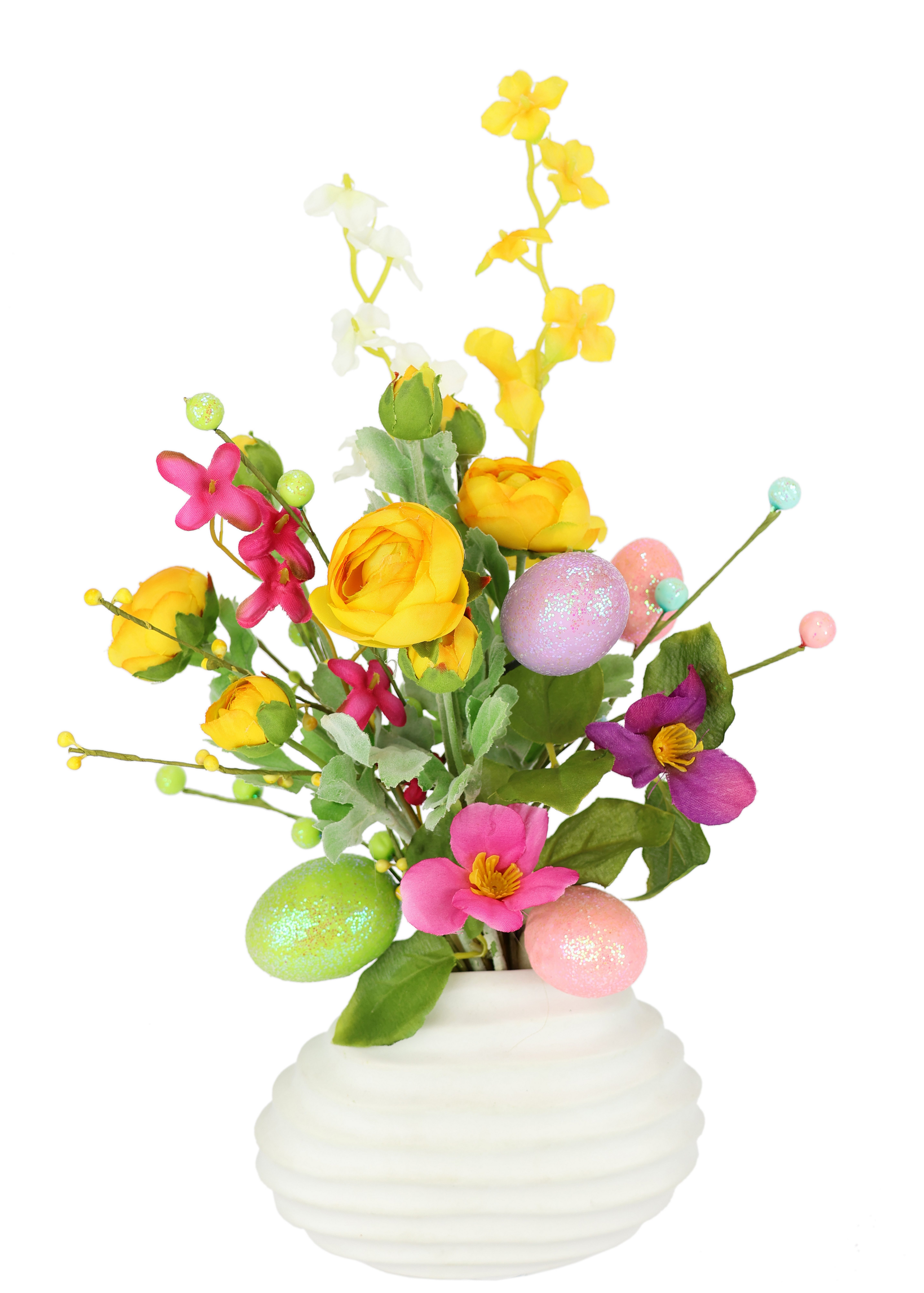 Kunstblume Frühlingsstrauß, I.GE.A., Höhe 30 cm, In Vase aus Keramik Blumenstrauß Lavendel und Eier