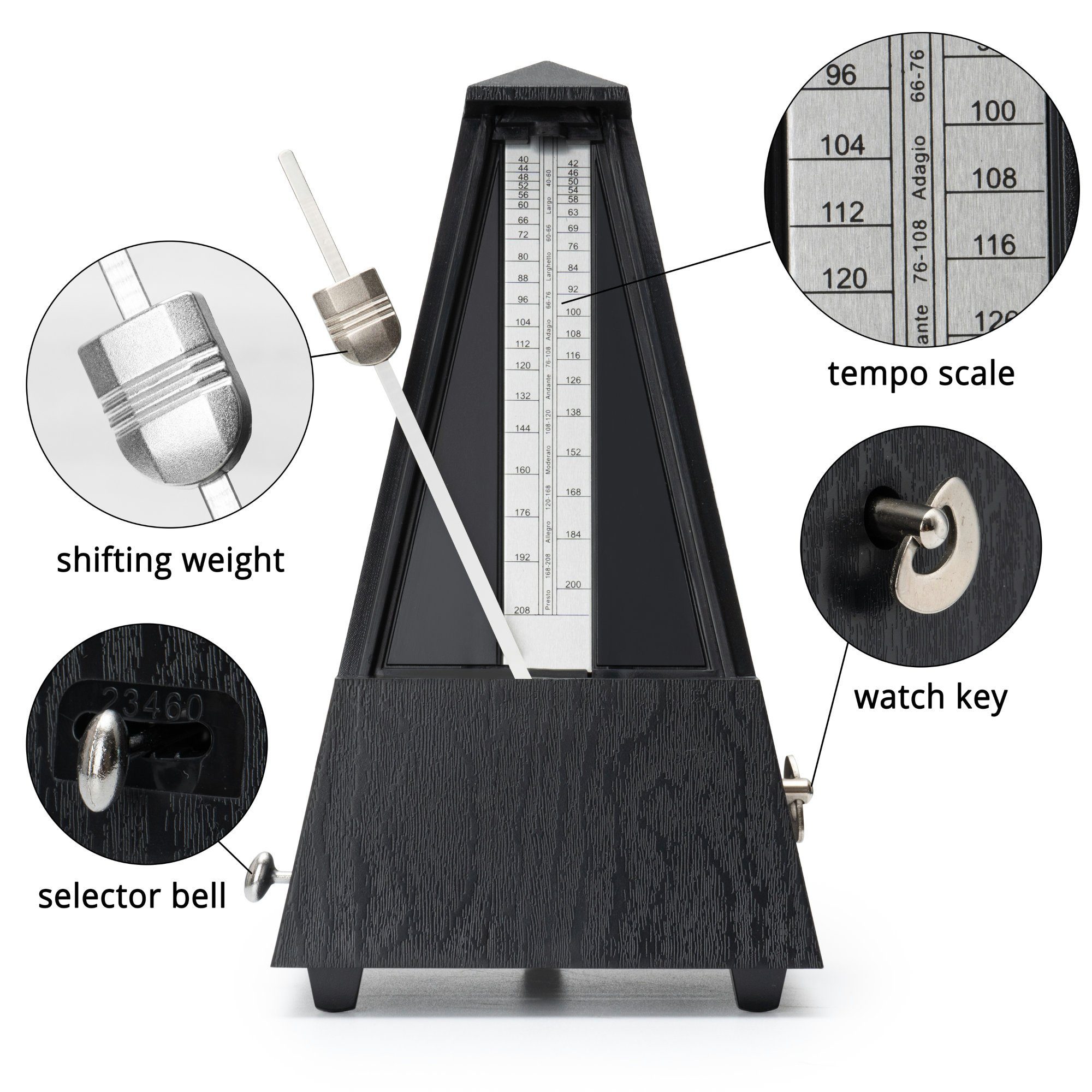 Steinmayer Metronom mit Glocke - 40-208 Schläge pro Minute, Mechanischer Taktgeber in Pyramidenform - 4 Taktarten – Bild 4 von 5