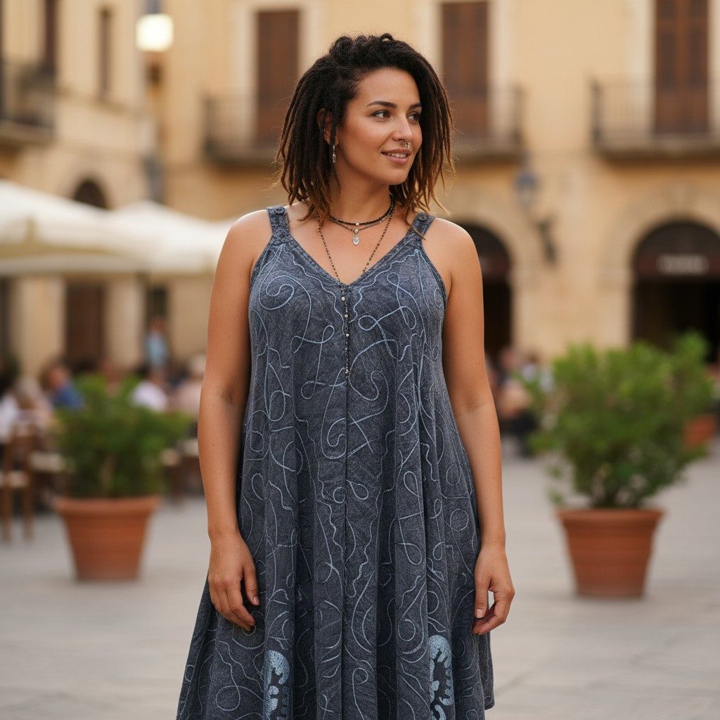 Guru-Shop Midikleid Plus Size Kleid, Hängerchen, besticktes.. günstig online kaufen