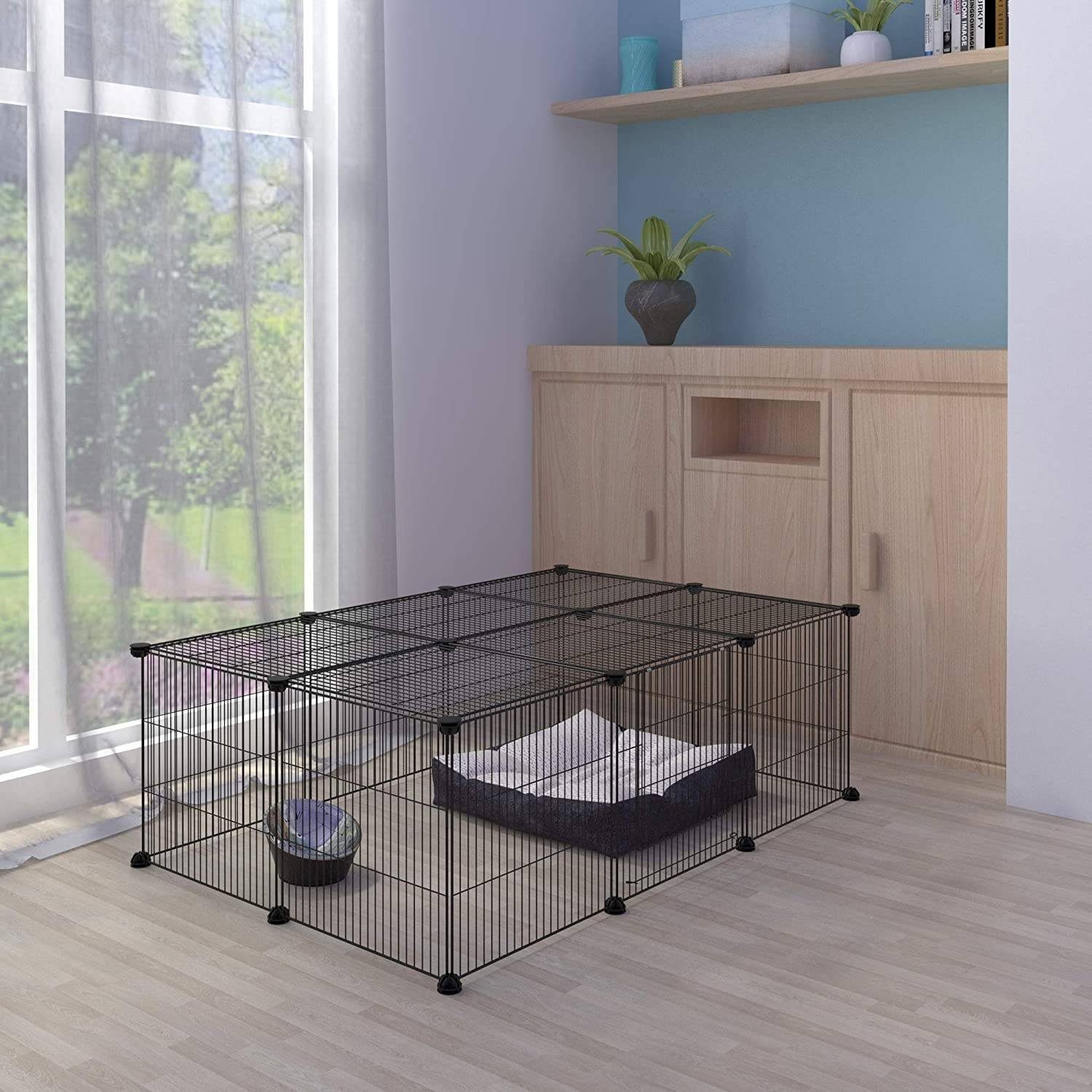 EUGAD Freigehege, mit Tür DIY 16 Platten Kleintiere Schwarz 109x74x39cm