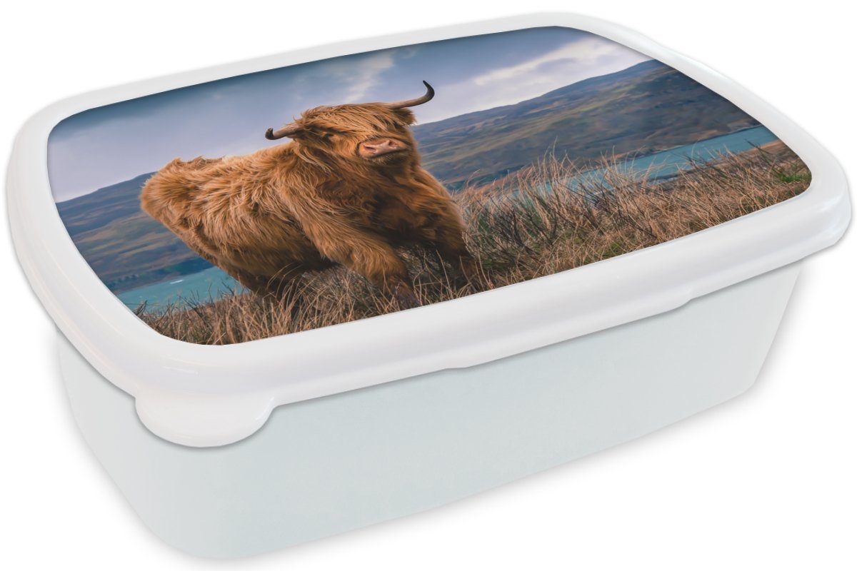 MuchoWow Lunchbox Schottische Mädchen - Erwachsene, Natur, für für Highlander Brotbox (2-tlg), Kinder Brotdose, Kunststoff, Himmel - Jungs und und weiß