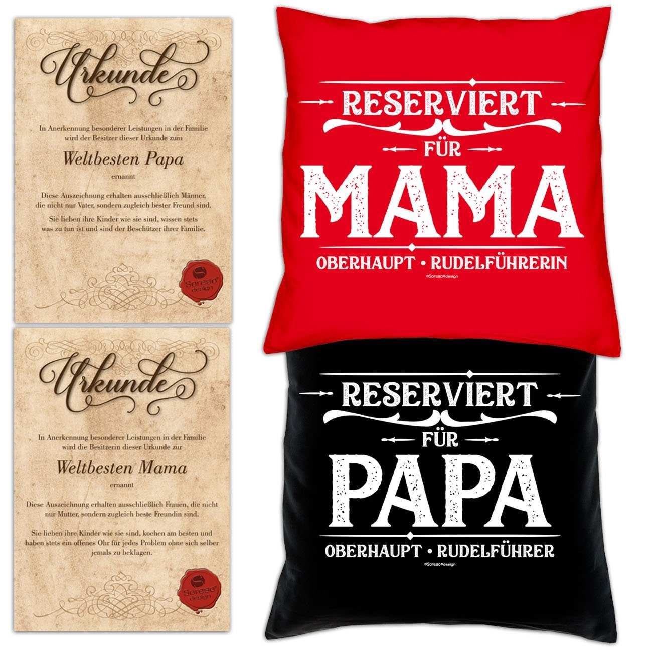 Soreso® Dekokissen Kissen-Set Reserviert für Papa Reserviert für Mama mit Urkunden, Weihnachtsgeschenk für Eltern rot
