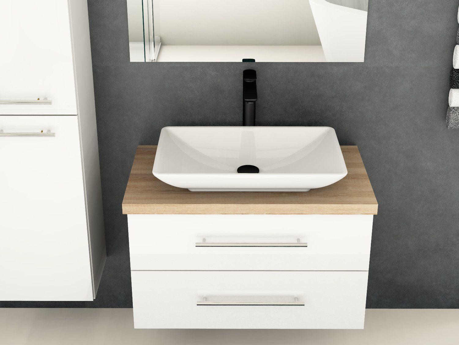 Aqua Bagno Badmöbel-Set Flex Badmöbel 80 cm, Aufsatzbecken Leon, Weiß Hochglanz & Eiche, (vormontiert, 3-St., Badmöbelschrank melaminbeschichtet, Trägerplatte, Keramikwaschbecken), einfache Montage, Skandi