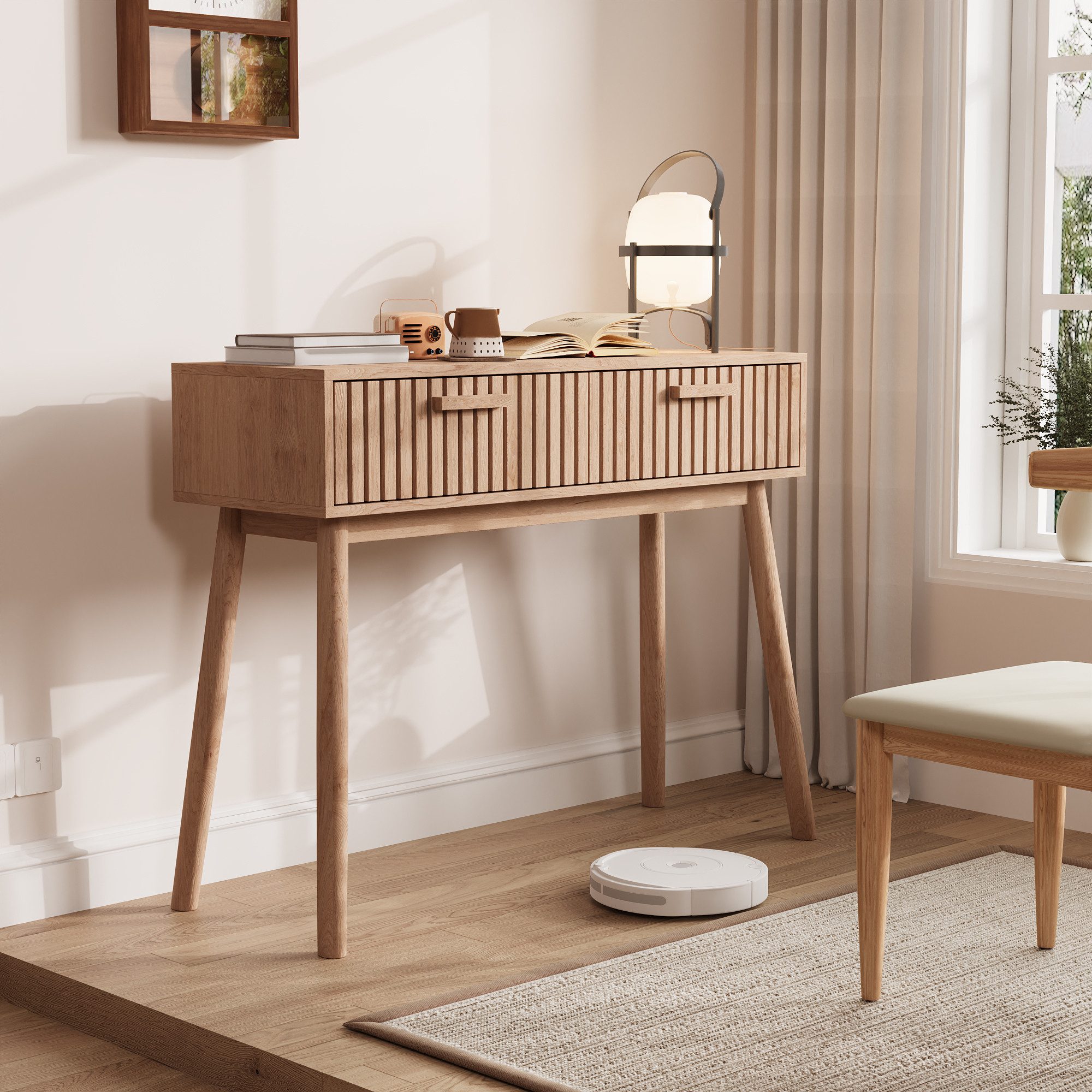 Simurq Konsolentisch Konsolentisch, Sofatisch, Eingangskonsole mit 2 Schubladen, Naturfarbe