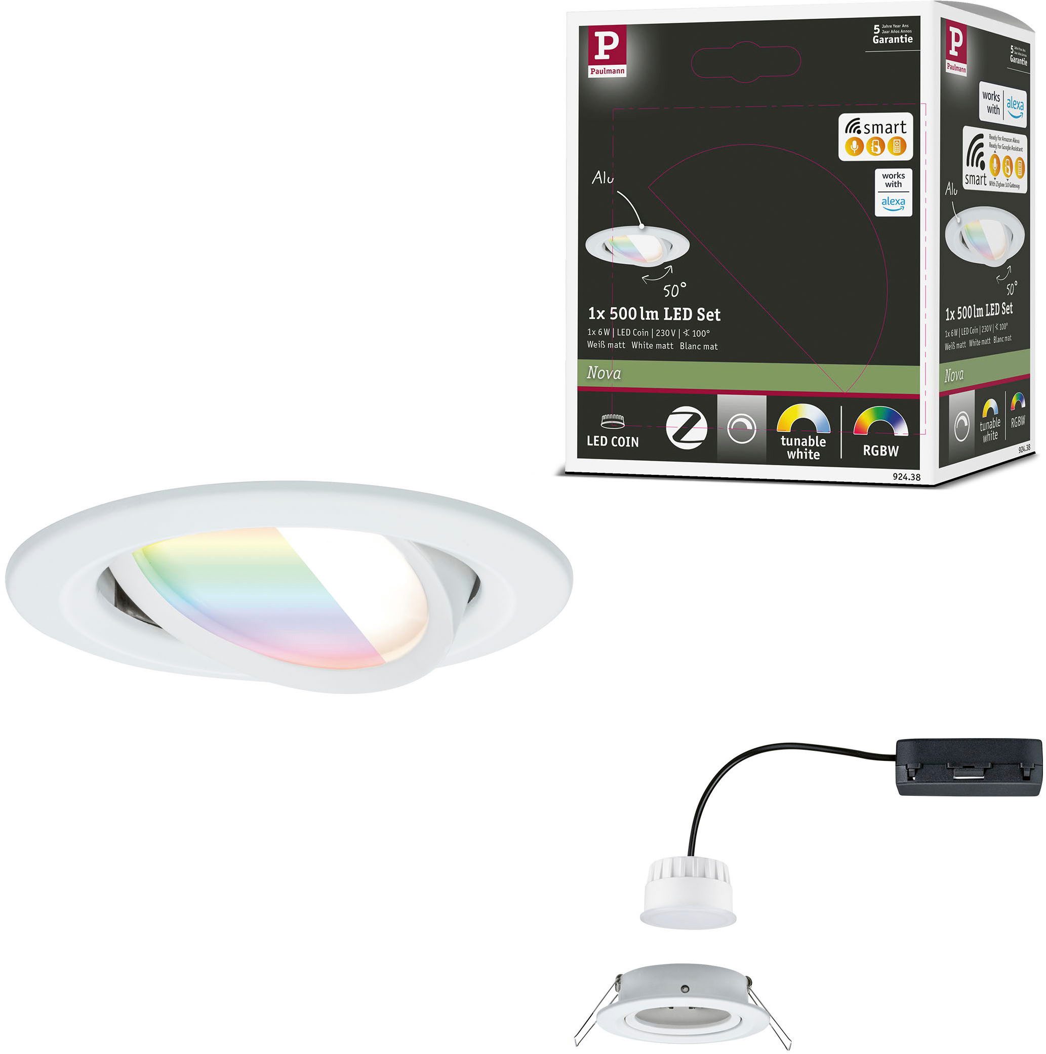 Paulmann LED Einbauleuchte LED Einbauleuchte Nova Coin rund 84mm 50°, LED fest integriert, Tageslichtweiß, Memoryfunktion, Farbwechsler, Farbsteuerung, Dimmer, Smart Home