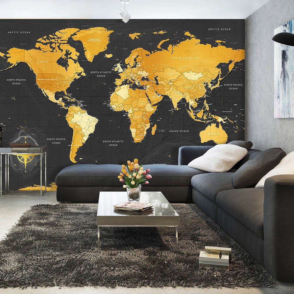 m, World Design Map: 1x0.7 Vliestapete KUNSTLOFT halb-matt, lichtbeständige Golden Tapete