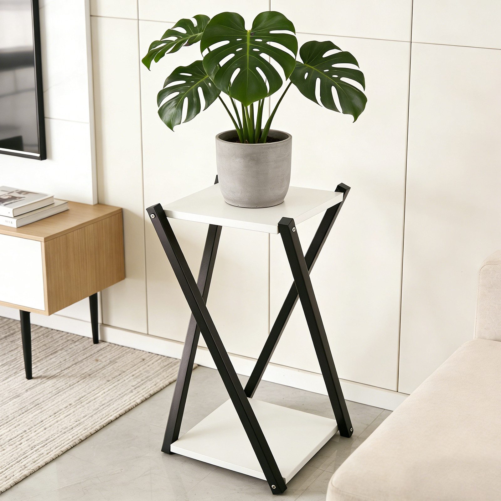 BlingBin Blumenhocker Zweistöckiger Pflanzenständer mit Metallgestell und MDF-Ebenen (1 Stück, 1 St., ca. 57 x 30 x 30 cm), dekorative Blumenablage für Wohnzimmer, Balkon und Garten