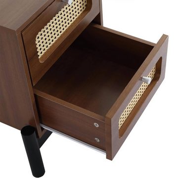 Powerwill Nachttisch Klassischer Nachttisch (mit 2 Schubladen, Rattan-Schubladenplatte), L40*W40*H55CM