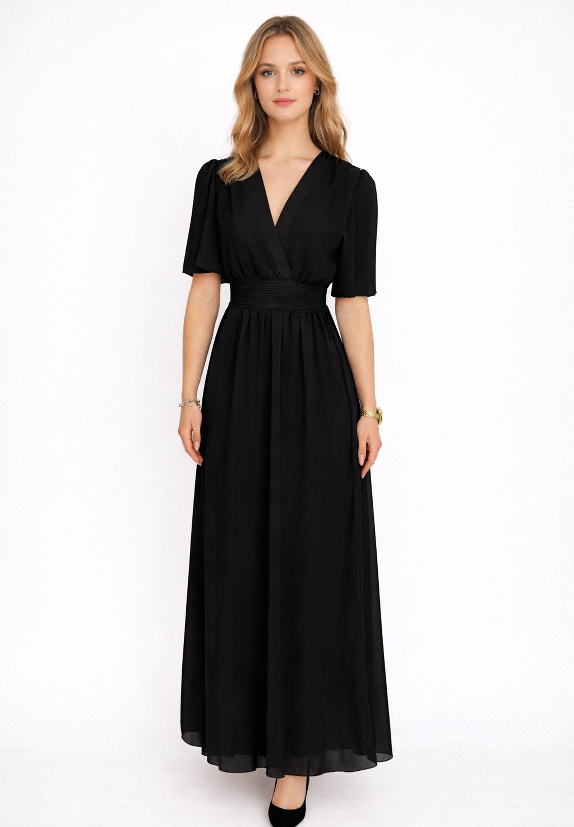Elara Maxikleid Damen Maxikleid mit V-Ausschnitt, Flügelärmeln und gesmokter Taille (1-tlg)