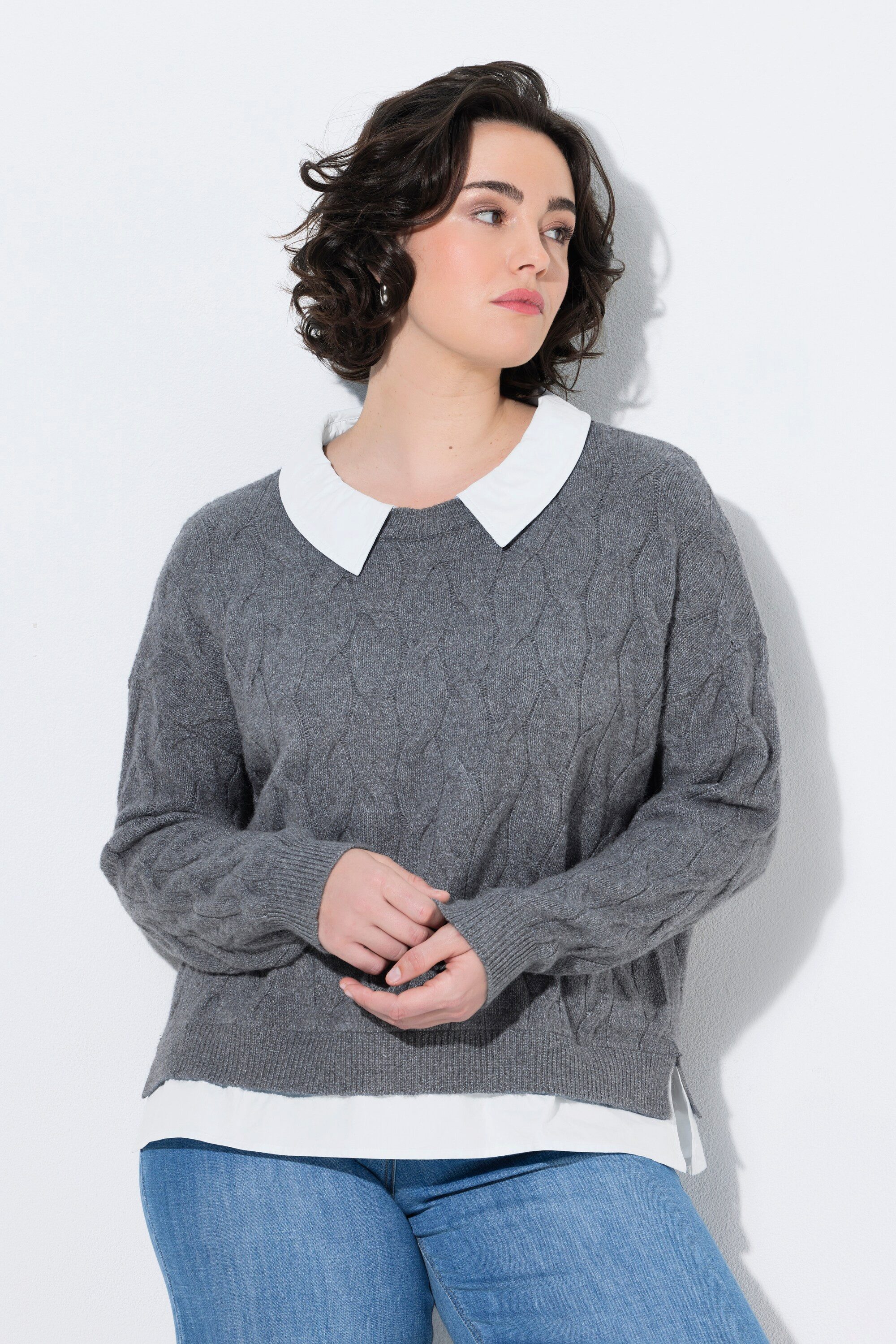 Ulla Popken Strickpullover 2-in-1-Pullover Zopfmuster Hemdkragen Langarm