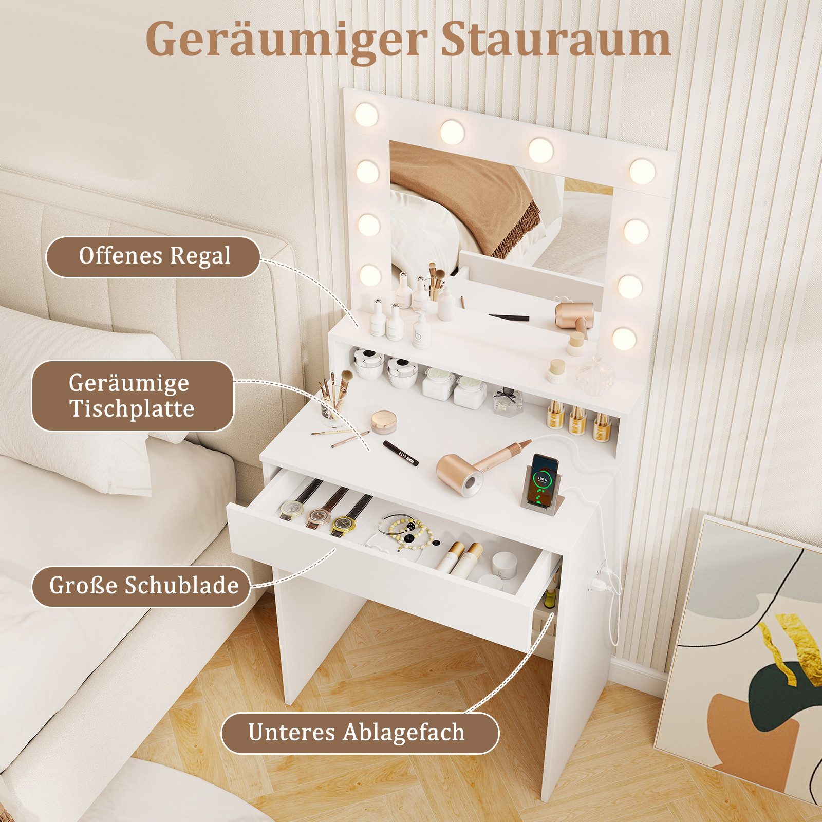 COSTWAY Schminktisch Frisiertisch mit Spiegel, LED (1-St), mit Ladestation, Schublade – Bild 3 von 5