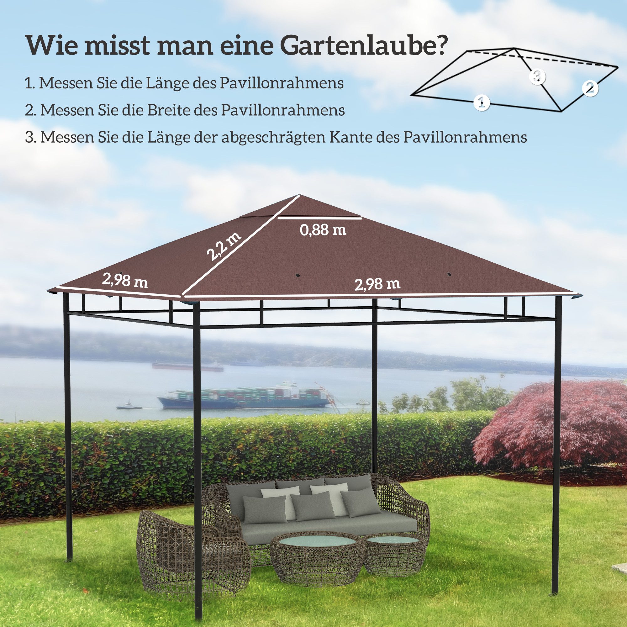 Outsunny Pavillon-Ersatzdach Ersatzbezug Ersatzteile aus Polyester-Stoff, kaffee, 180 g/m², 298 x 298 cm (Ersatzdach, Pavillondach), 298x298 für Metall-Gartenpavillon