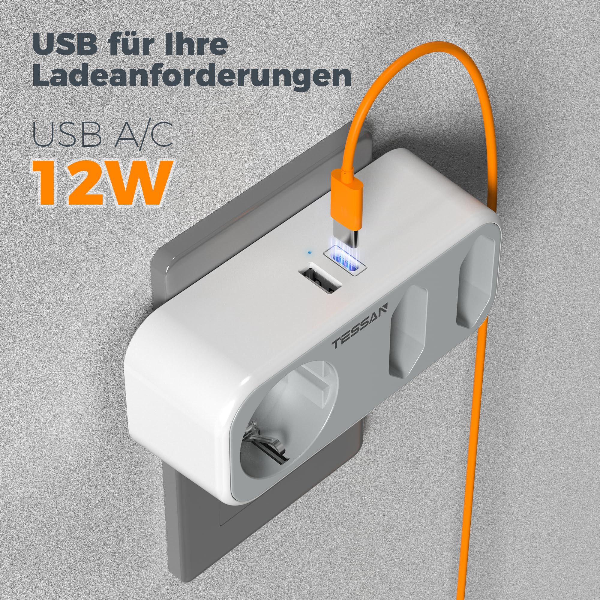 TESSAN 3fach Steckdosenadapter 3600W, Doppelstecker für Steckdose mit 2 USB Mehrfachsteckdose 3-fach (5 in 1 Mehrfachstecker, 2 USB Anschlüsse, Mehrfachstecker mit USB)