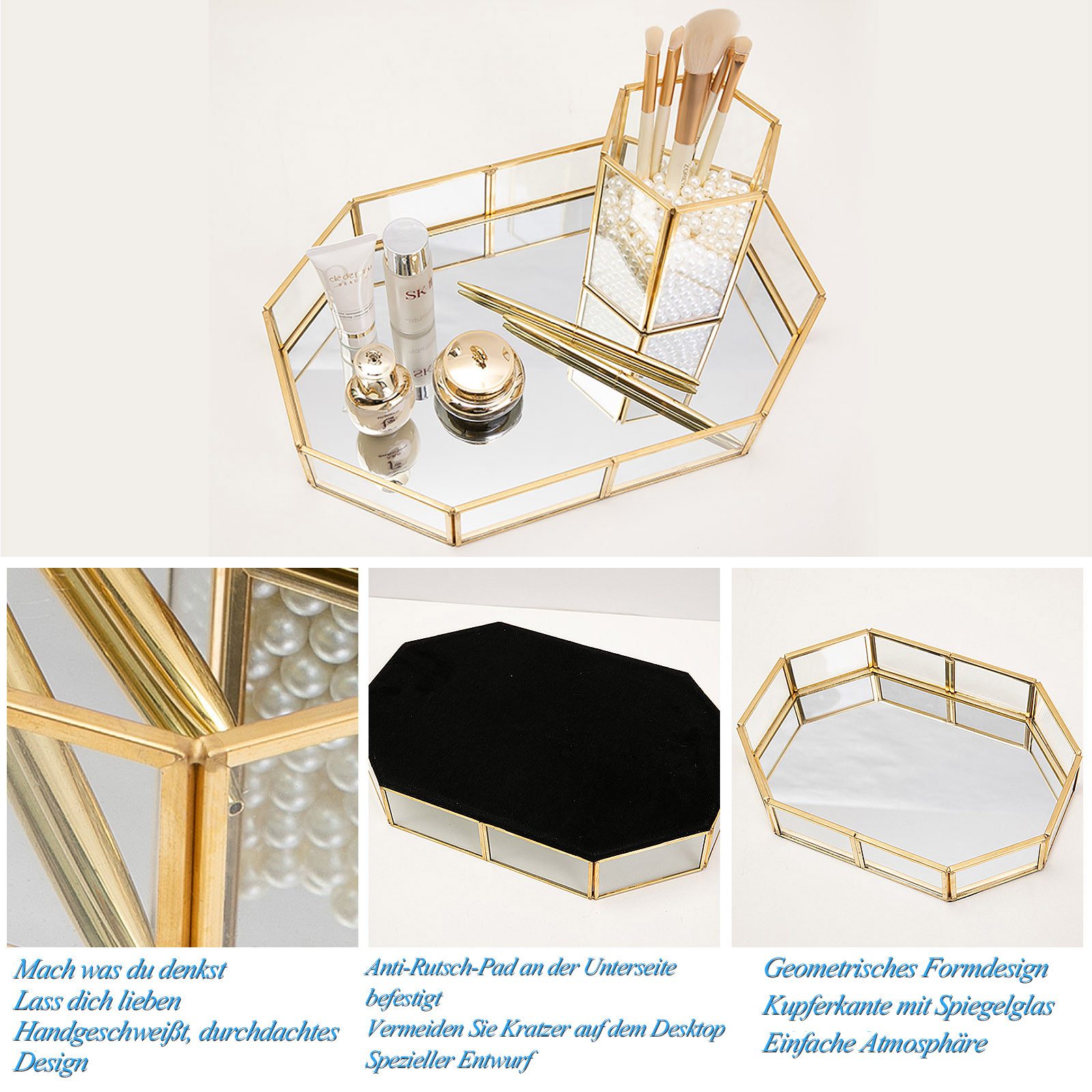 TUWENA Duschregal Verspiegeltes Tablett aus goldfarbenem Glas, Make-up Tablett – Bild 3 von 5
