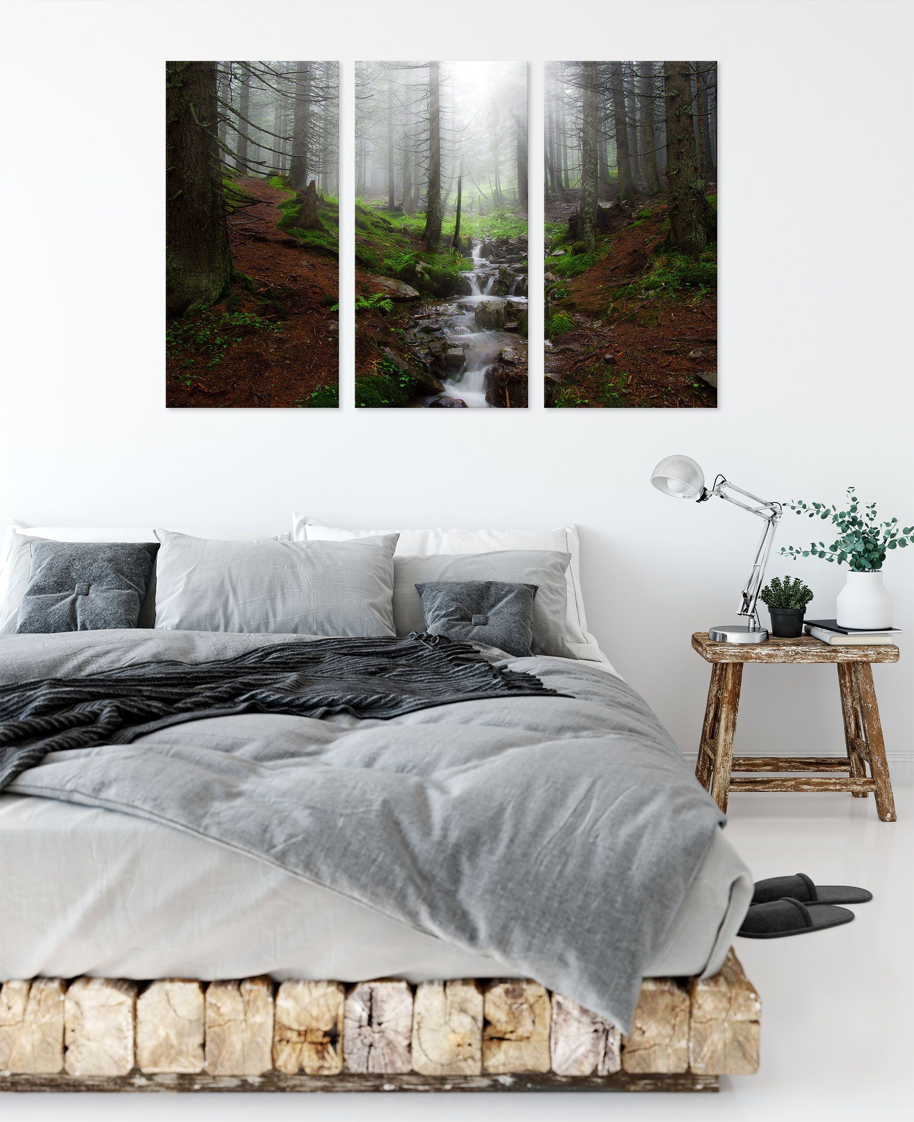 (1 (120x80cm) Bach St), Zackenaufhänger Wald, Pixxprint bespannt, inkl. 3Teiler im fertig Bach Leinwandbild Leinwandbild im Wald