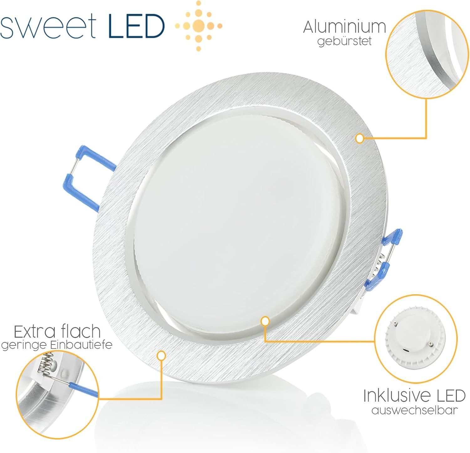 Sweet LED LED Einbaustrahler 6er SET GX53 Einbauleuchten 8,2W 230V 4000K Alu Rund Deckenspots Ø95, Neutralweiß, 4000K, Deckenspots, Ø 108 mm, Einbauleuchten