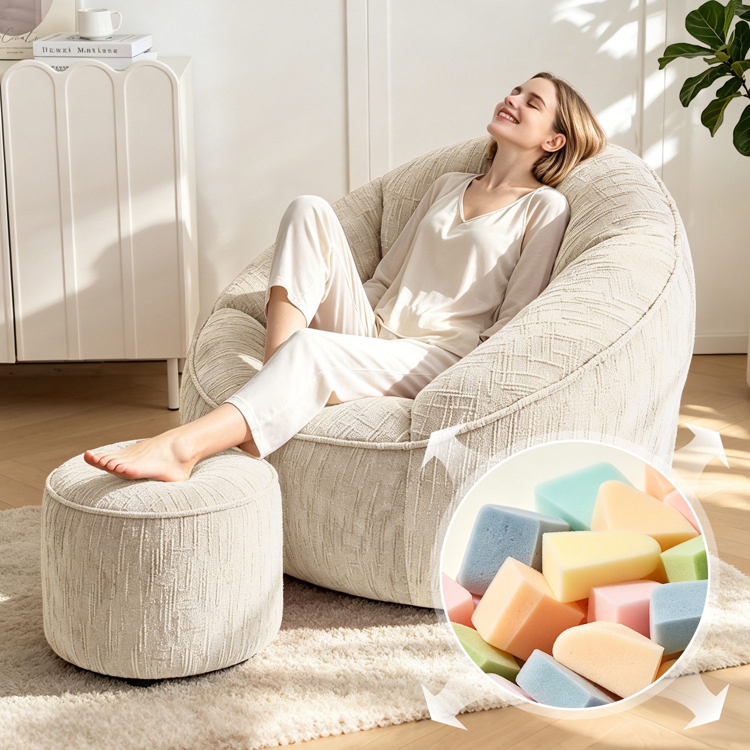 Lexzurn Sitzsack Sitzsack Lazy Sofa Gaming Sitzsack mit Hocker, Sitz Sack mit (Granularer-MemorySchwamm Füllung, Lounge Sessel, Lounge Stuhl, Weich und Formstabil), Couch für Erwachsene und Kinder, für Schlafzimmer, Büro und Wohnzimmer