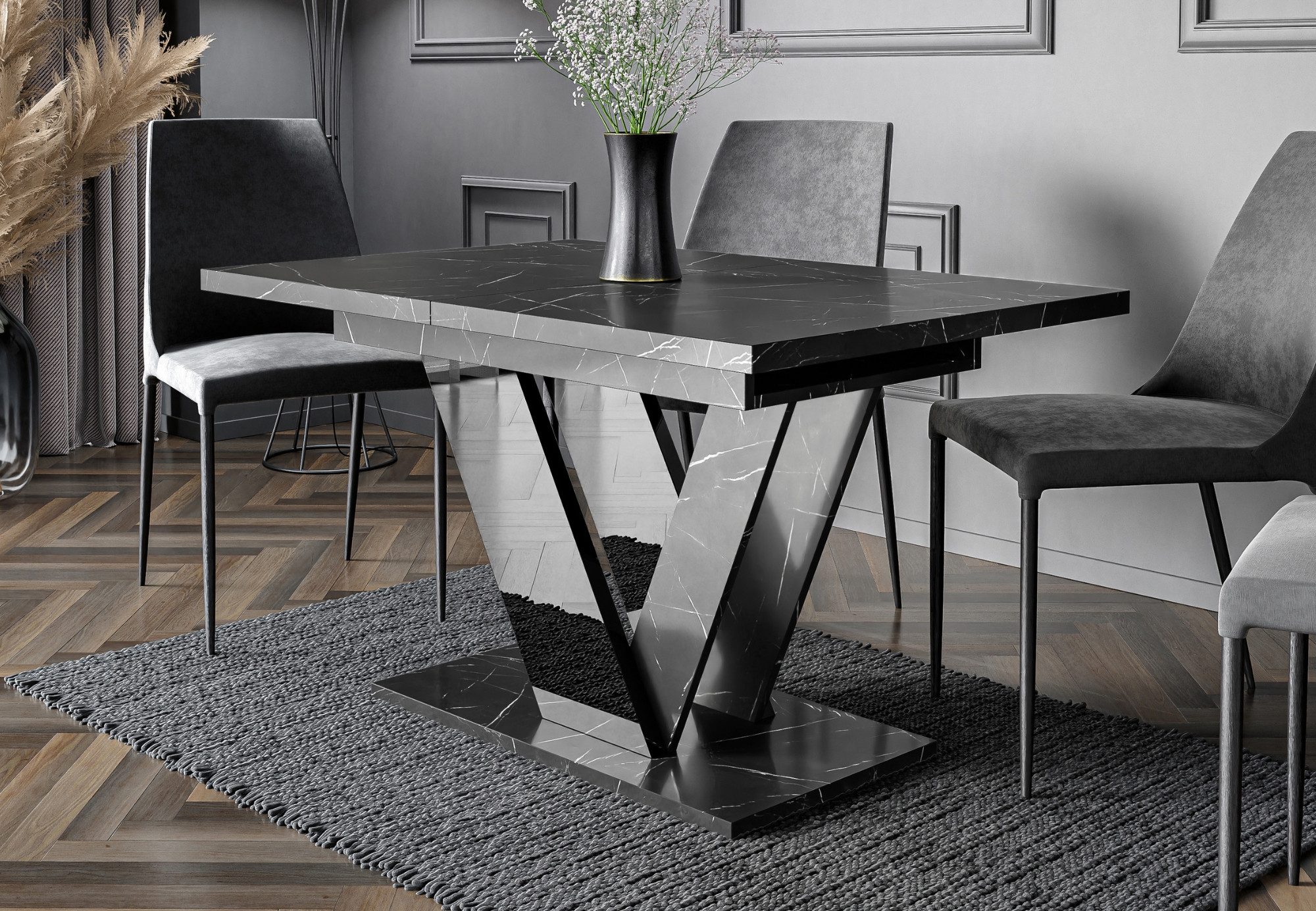 Home Collective Esstisch ausziehbar Tisch Küchentisch Esszimmertisch Ausziehtisch (Esszimmer Küche Wohnzimmer Esstisch erweiterbar), modernes Design mit V-Gestell 120-160x80 cm Schwarz Marmor-Optik