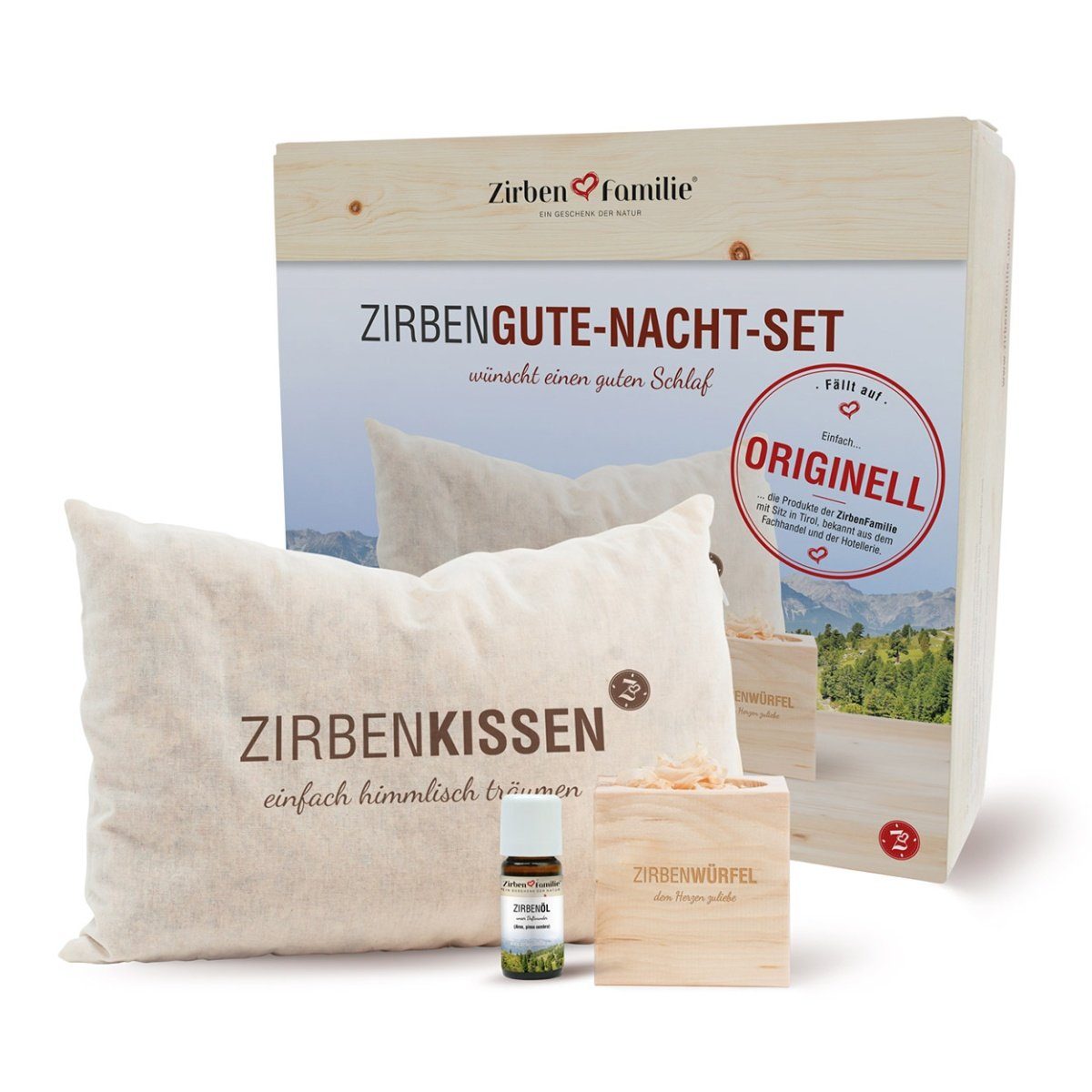 Zirbenfamilie Kopfkissen Gute Nacht Set, Füllung: Zirbenflocken, Bezug: Bau günstig online kaufen