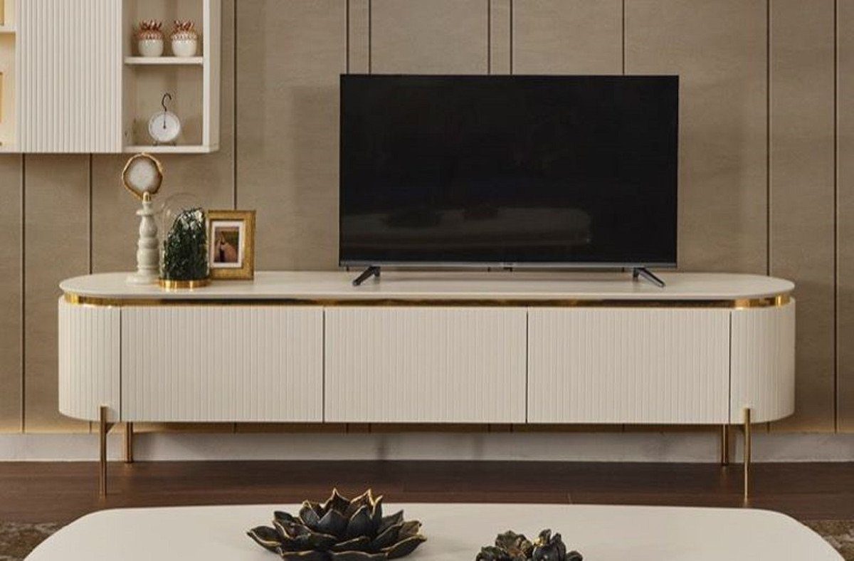 Casa Padrino TV-Schrank Luxus TV Schrank Weiß / Gold 210 x 42 x H. 57 cm - Modernes Wohnzimmer Sideboard mit 3 Schubladen - Luxus Wohnzimmer TV Möbel | TV-Schränke