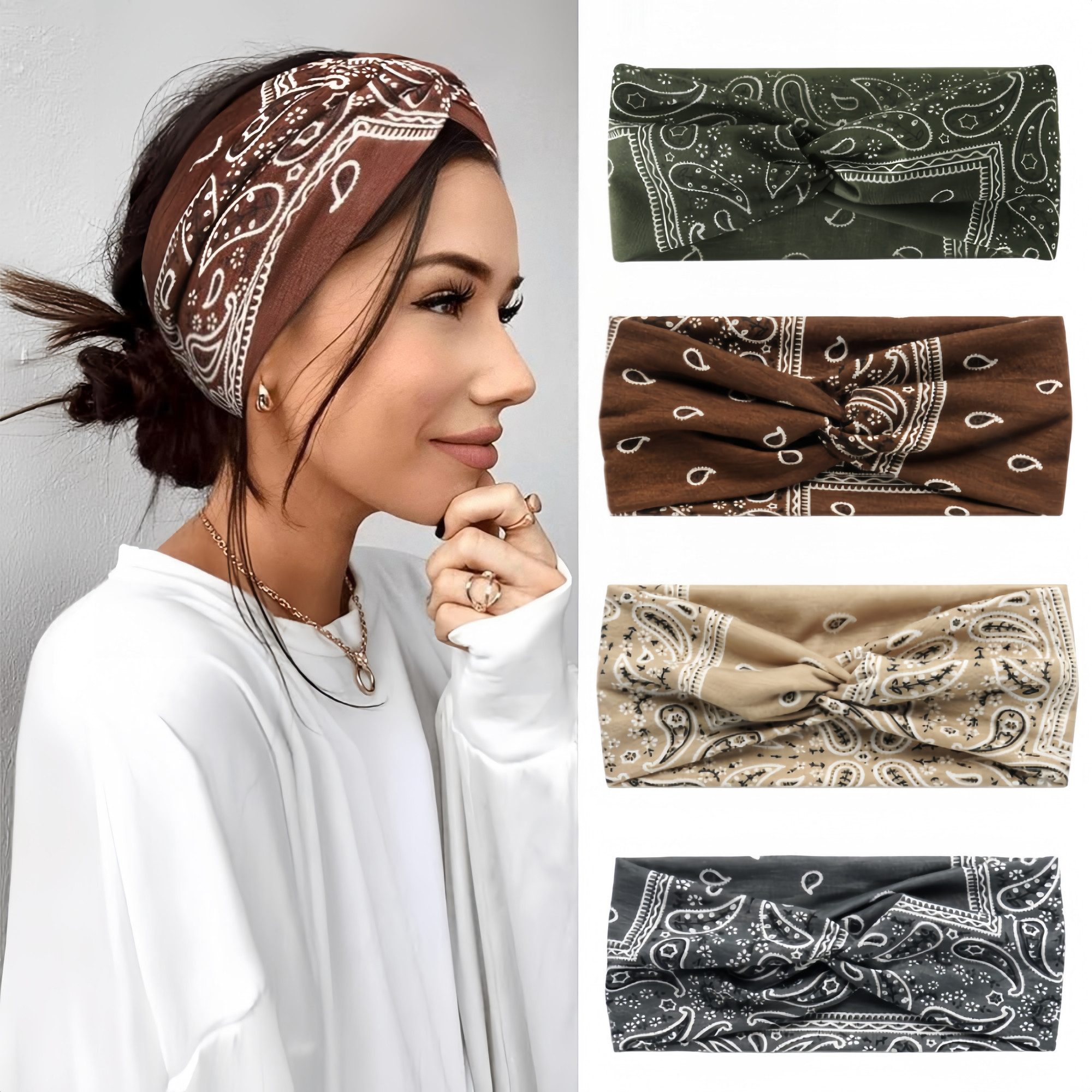 FOUORTUNATE-BEE Seidentuch 4 Boho-Haarbänder – Breite elastische Stirnbänder für Damen, (4-St), 4er-Set Boho-Stirnbänder für Yoga, Sport & Make-up