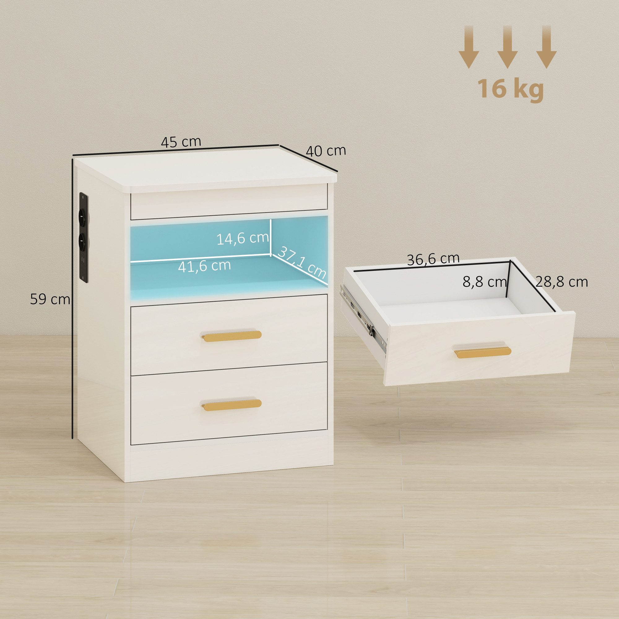HOMCOM Nachttisch Beistelltisch mit LED-Beleuchtung, 2 AC-Steckdosen, 2 USB-Anschlüsse (Nachtschrank, 1-St., 1 Tisch), mit Ladestation, RGB-LED, Hochglanzoberfläche