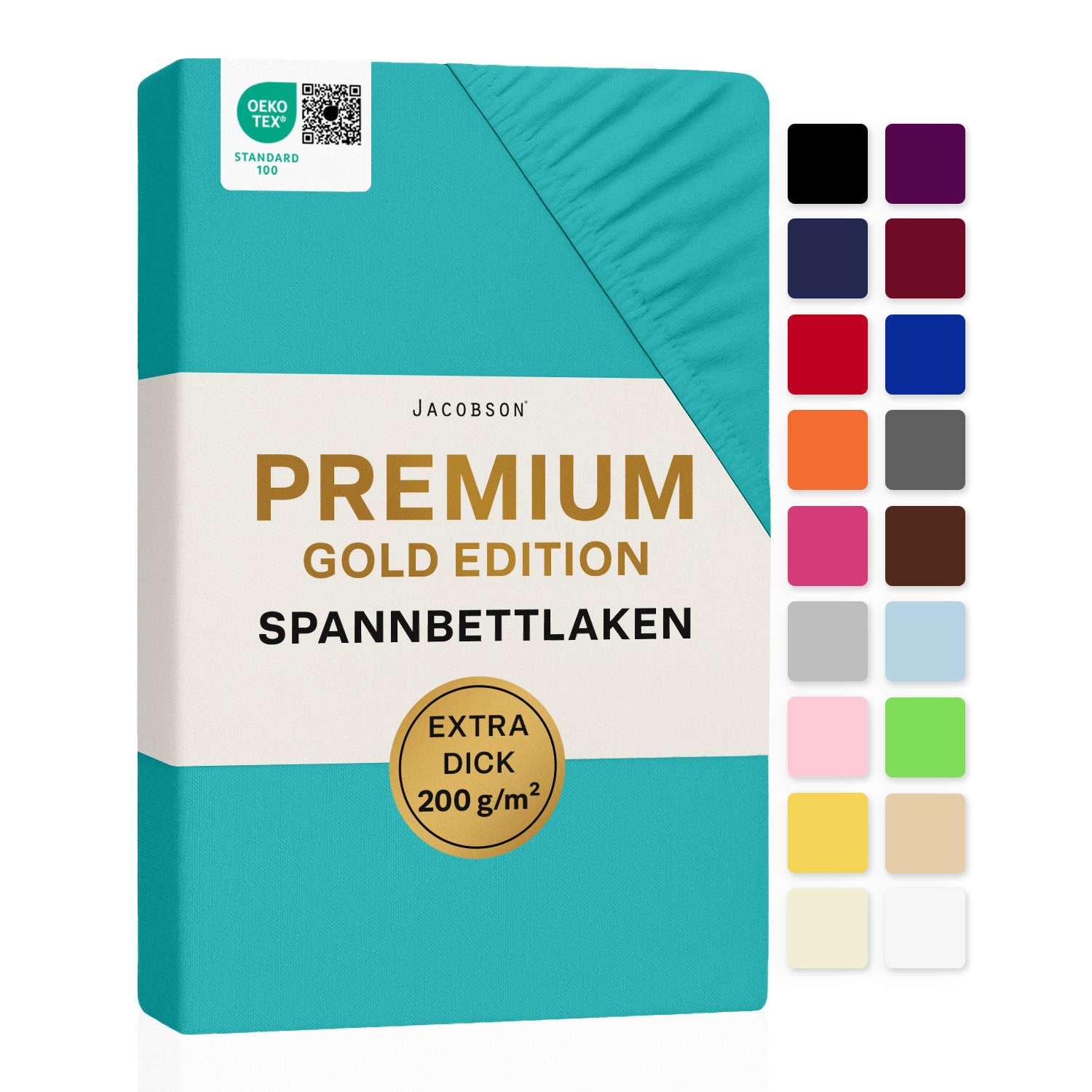 Jacobson Spannbettlaken PREMIUM 200 g/m² Jersey aus 97% Baumwolle & 3% Elasthan, Extra dichtes Bettlaken mit maximalem Halt