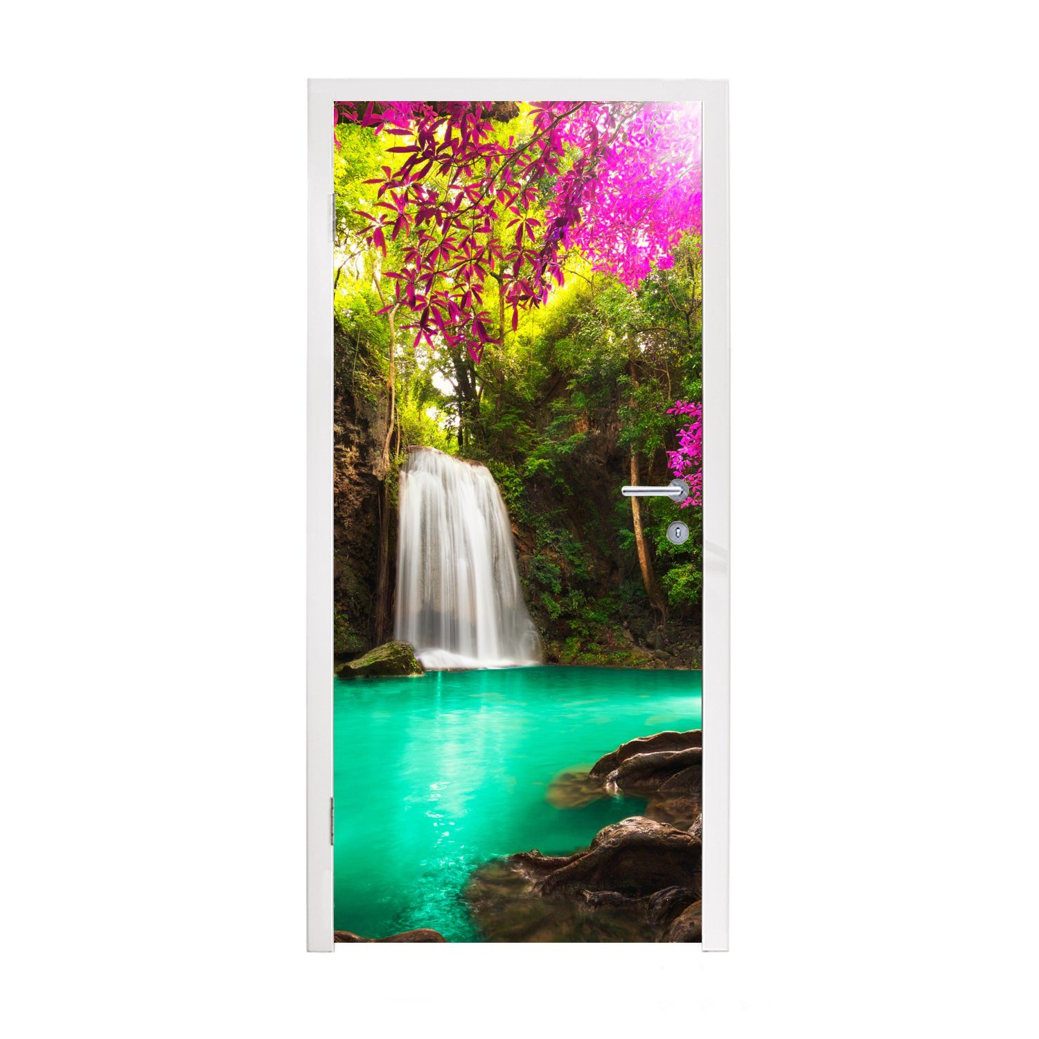 MuchoWow Türtapete Ein Wasserfall im Herbstwald am Erawan-Wasserfall, Matt, bedruckt, (1 St), Fototapete für Tür, Türaufkleber, 75x205 cm