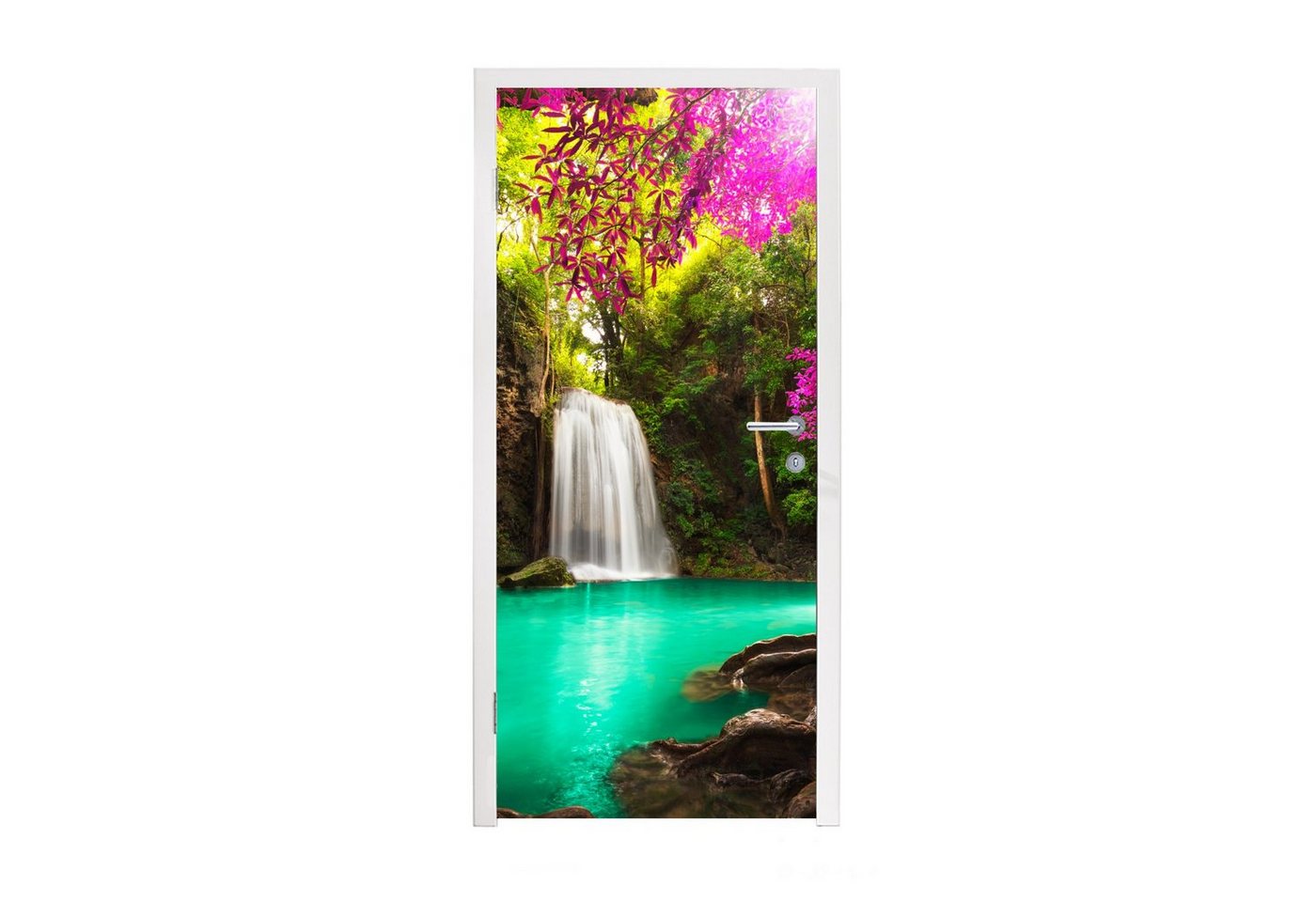 MuchoWow Türtapete Ein Wasserfall im Herbstwald am Erawan-Wasserfall, Matt, bedruckt, (1 St), Selbstklebende Tapete, Folie für Möbel, 75x205 cm