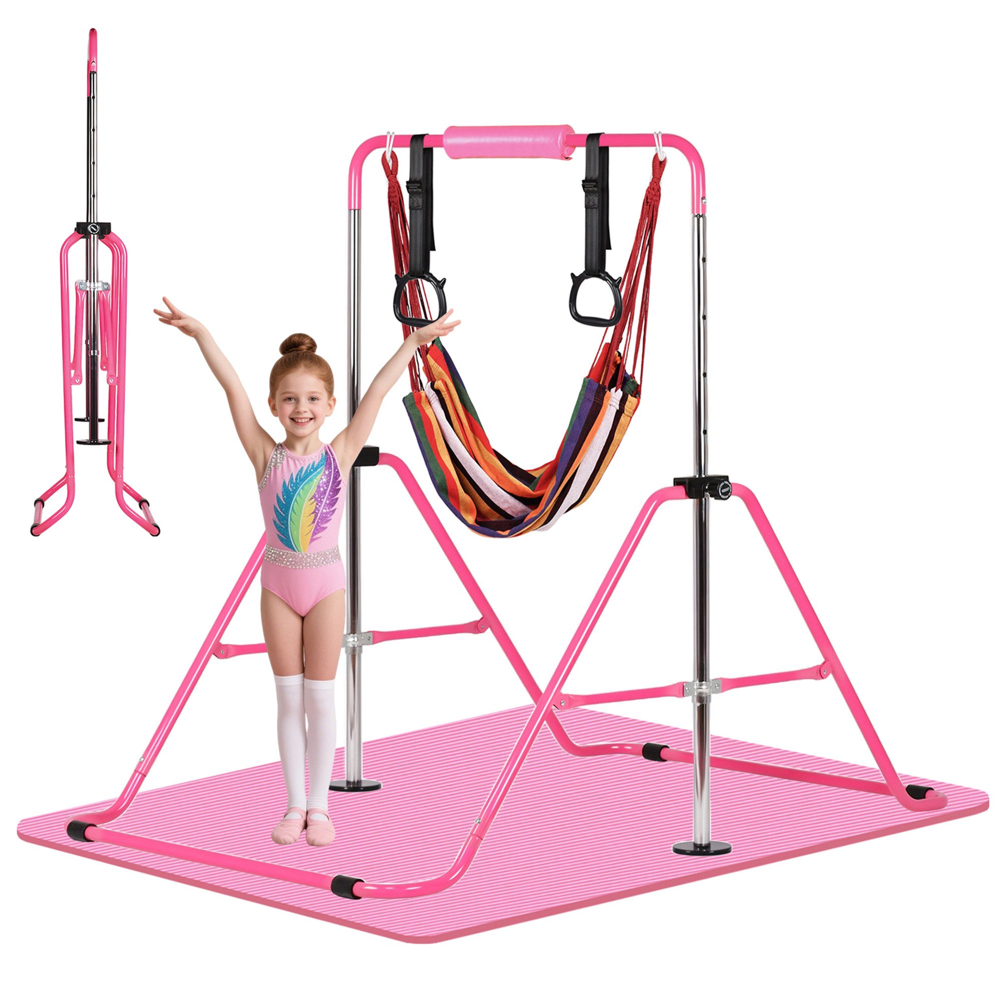 Hausright Turnreck Gymnastikstange für Kinder, Turnstange ab 3 Jahre, 88-128cm, (Gymnastikstange mit Gymnastikmatte, Reckstange, Matte, Polster, Schaukel & 2 Ringen), Verstellbaren Höhen Faltbare Reckstange Reckanlage