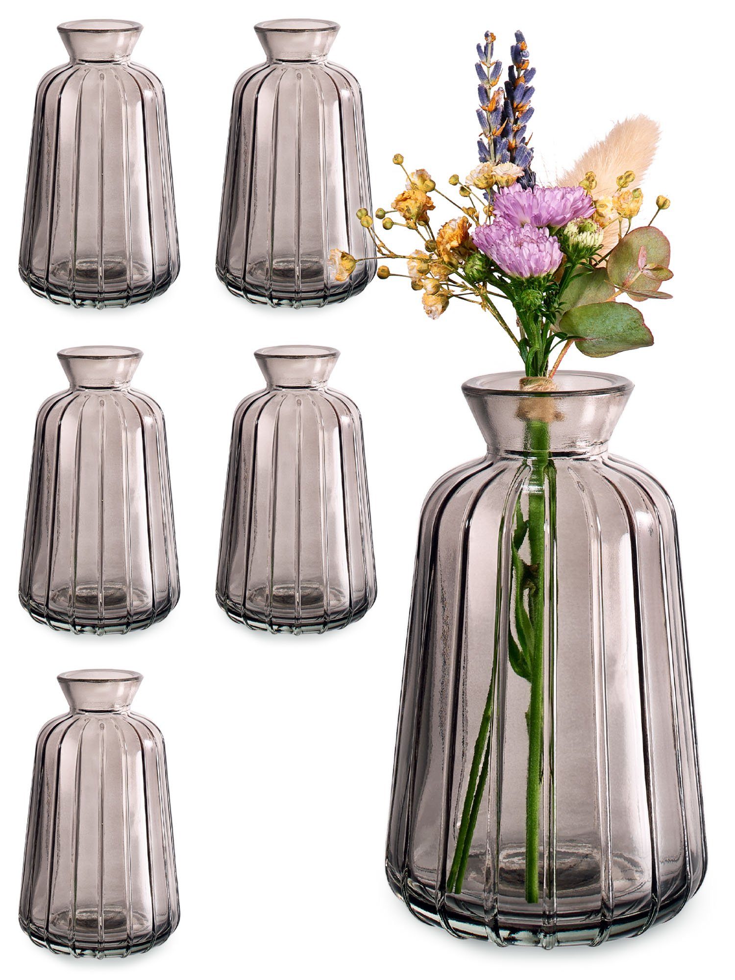Praknu Tischvase 6 Vintage Glas Minivasen - Runde & Stabile Вази для квітів (Set, 6 St), Spülmaschinenfest - Kleine Glasvasen für Hochzeit Tischdeko - Grau