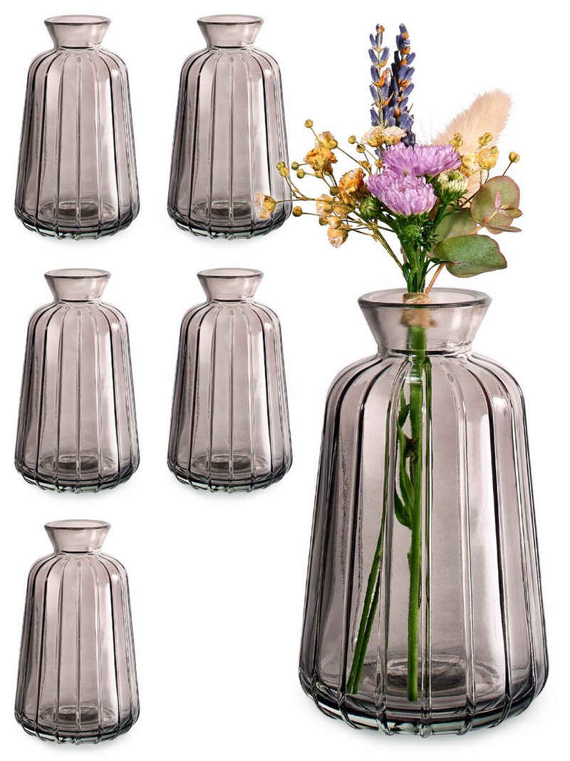 Praknu Tischvase 6 Vintage Glas Minivasen - Runde & Stabile Blumenvasen (Set, 6 St), Spülmaschinenfest - Kleine Glasvasen für Hochzeit Tischdeko - Grau