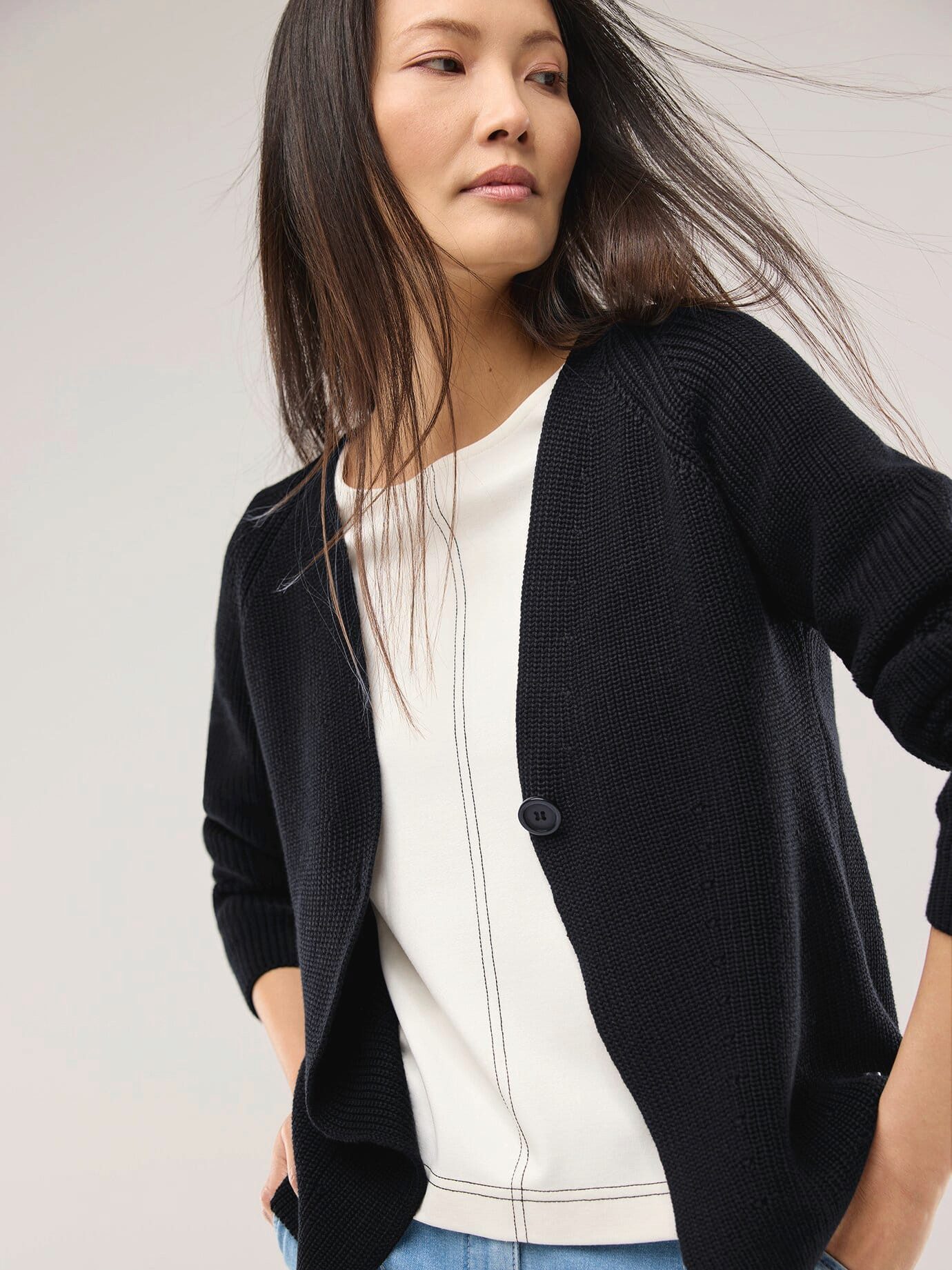 Strickjacke Damen Strickjacke in Patentstrick V-Ausschnitt Langarm Baumwolle