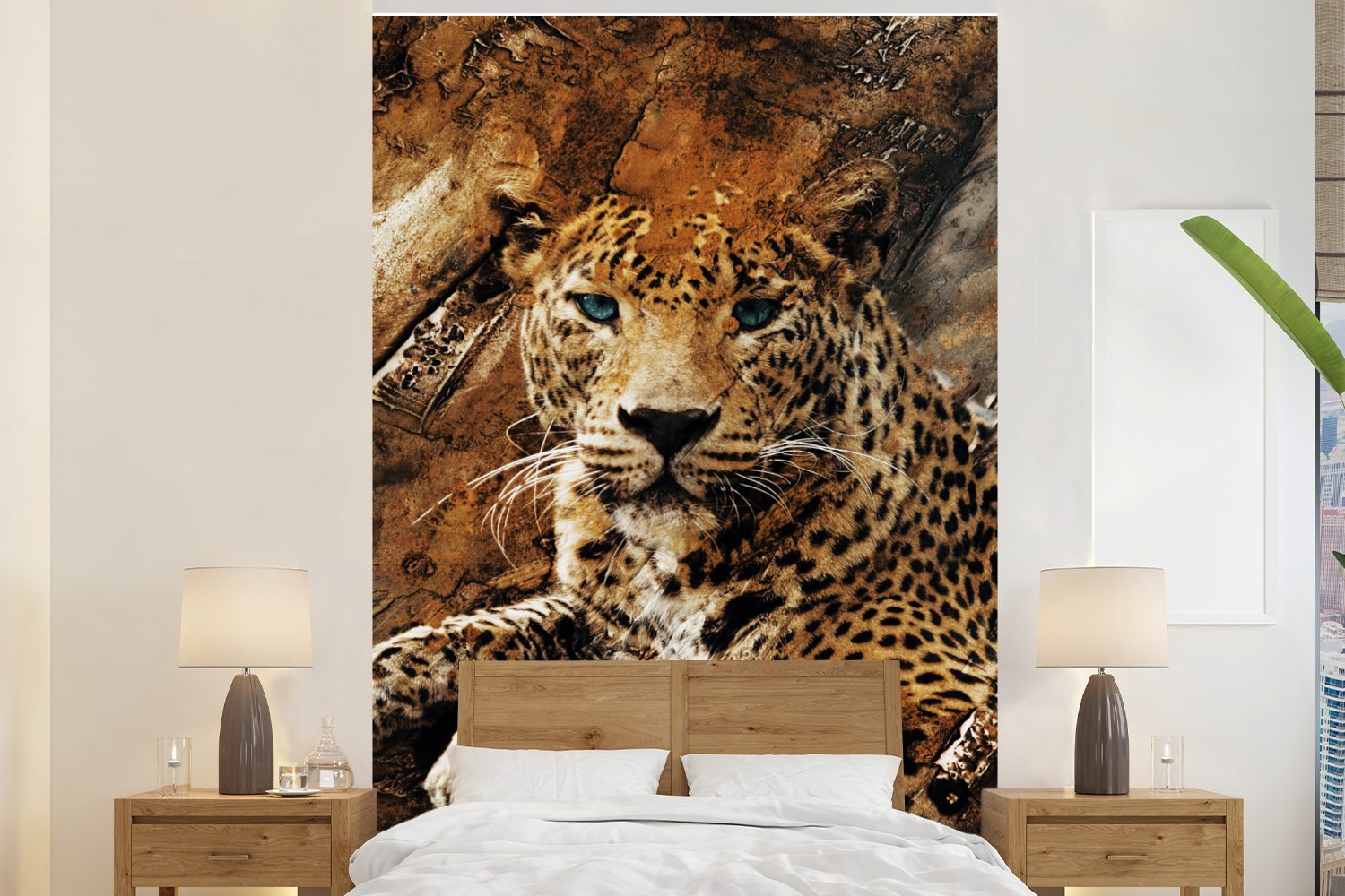 MuchoWow Fototapete Leopard - Steine - Wand, Matt, bedruckt, (3 St), Montagefertig Vinyl Tapete für Wohnzimmer, Wandtapete