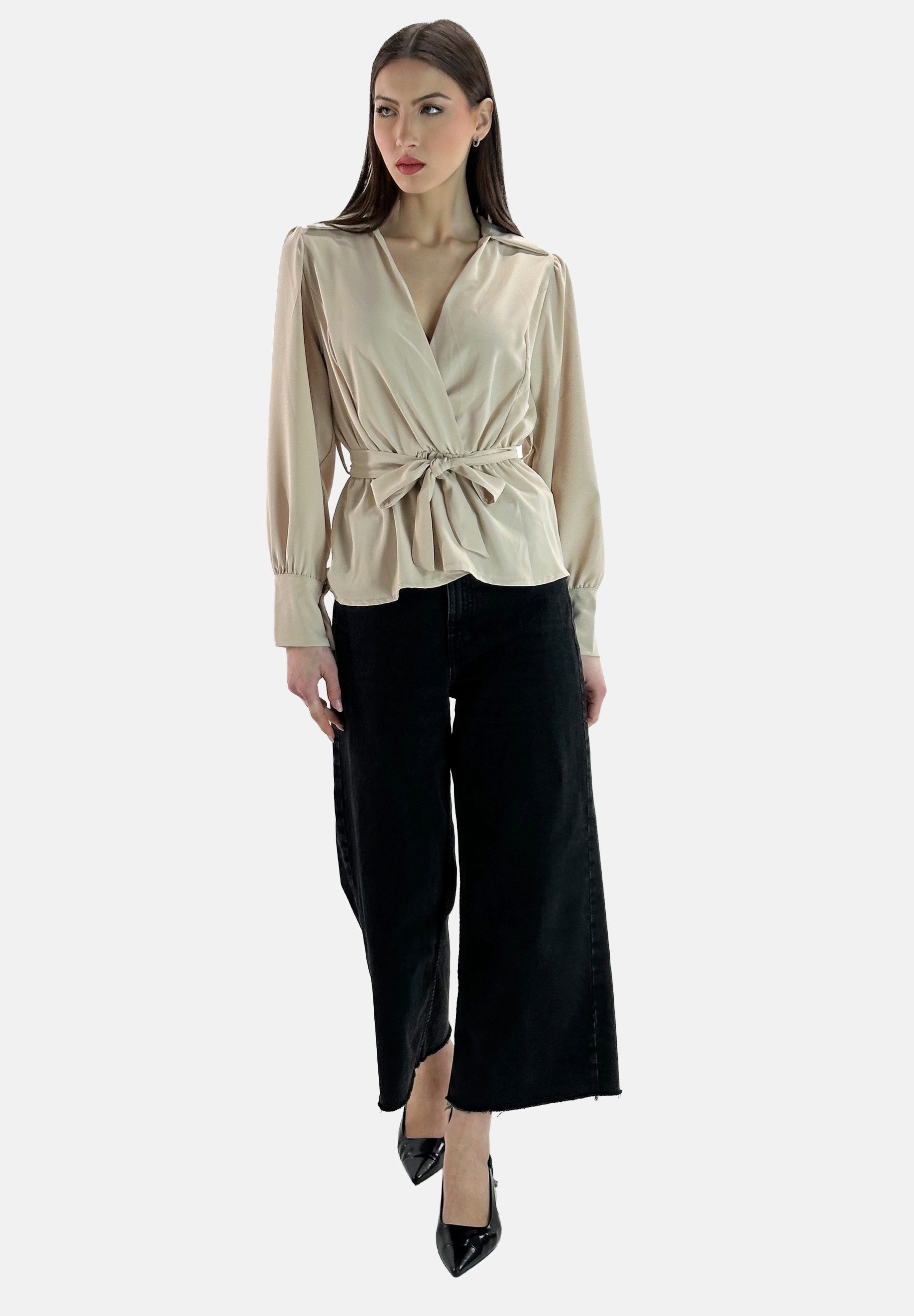 Elara Blusentop – Wickelbluse mit Bindegürtel und Hemdkragen