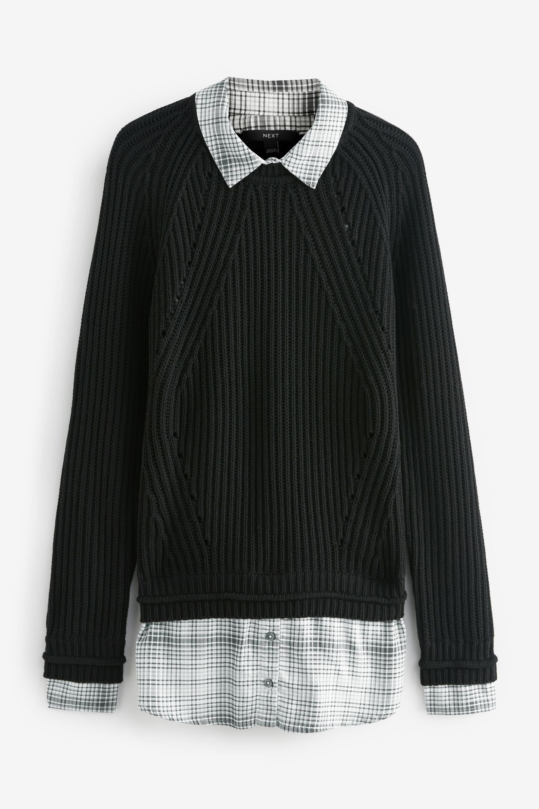 Next 2-in-1-Pullover Karierter Pullover mit Blusendetail (1-tlg) Black