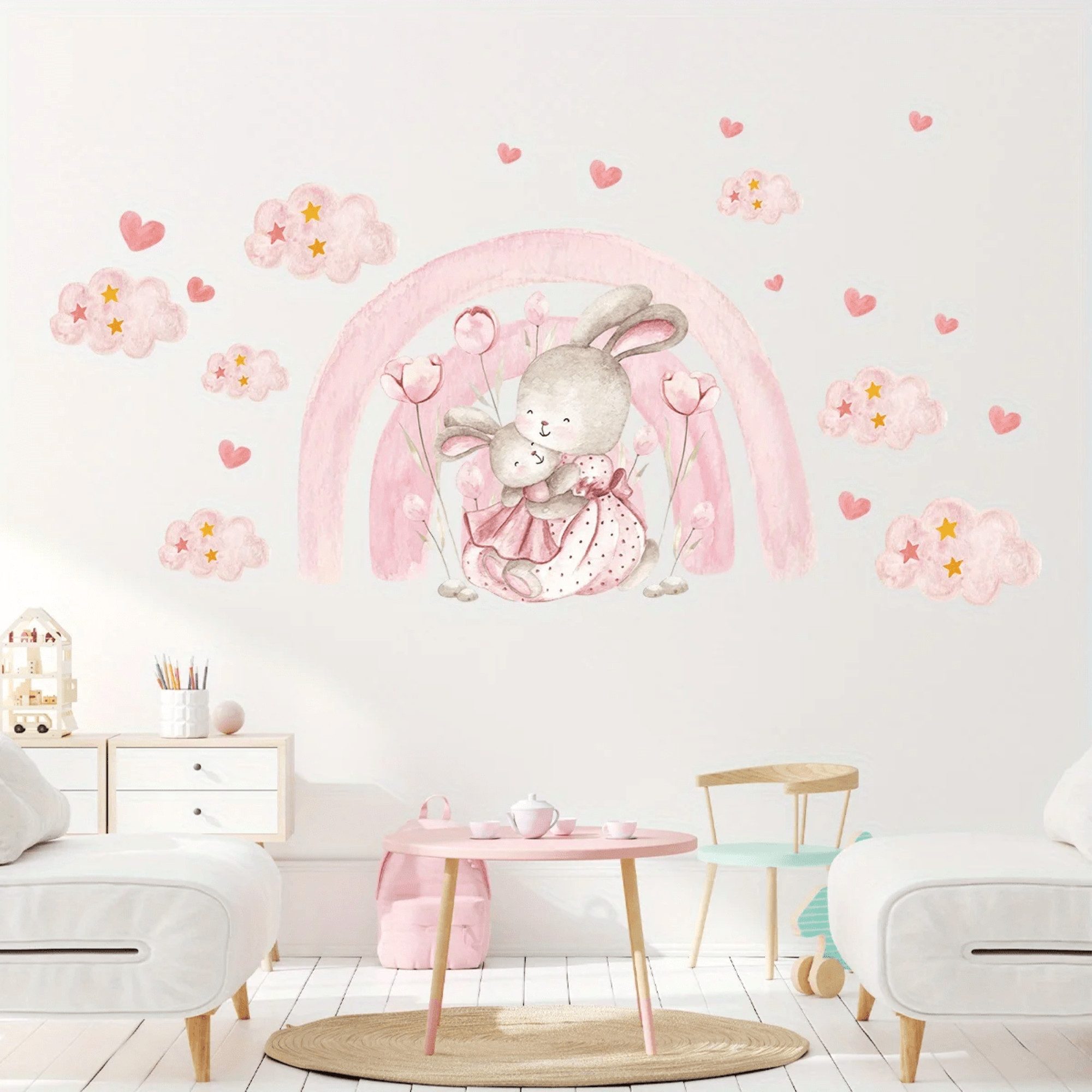 Montegoni Wandtattoo Kinder Tier Wandaufkleber Dekoration (Wandtattoo mit rosa Regenbogen Herz Wolke Kaninchen, Wanda uf kleber für süße Schlafzimmer Kinder Mädchen Zimmer), wasserdichte,abnehmbare
