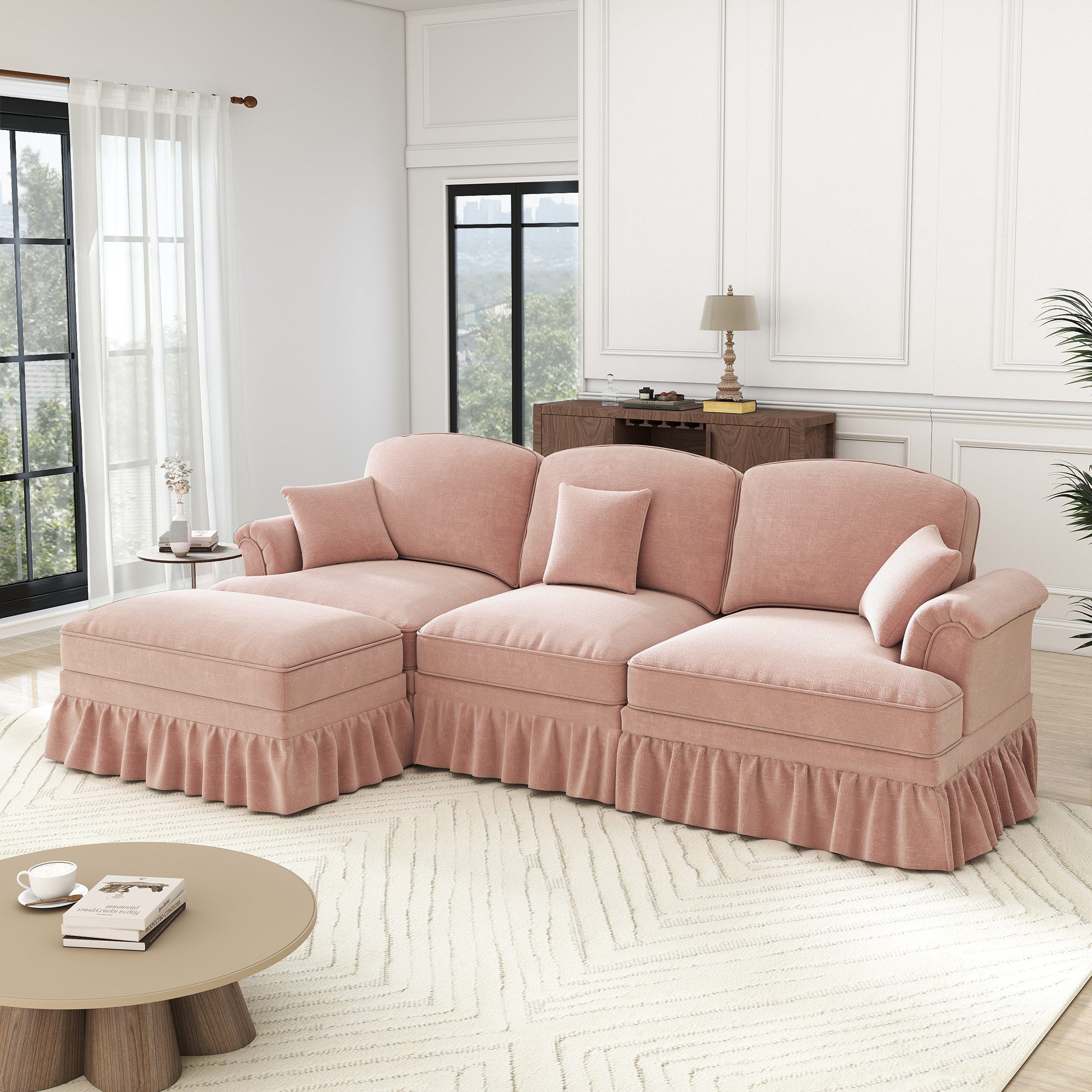 Odikalo Big-Sofa Ecksofa mit Schlaffunktion und Volant, Elegantes Mid-Century 2-3-4-5-Sitzer Sofa aus Chenille mit Trichter-Armlehnen, abnehmbarer Rüschenschürze & spindelförmigen Beinen – Komfortables Sofa fürs Wohnzimmer, Mehrfarbig